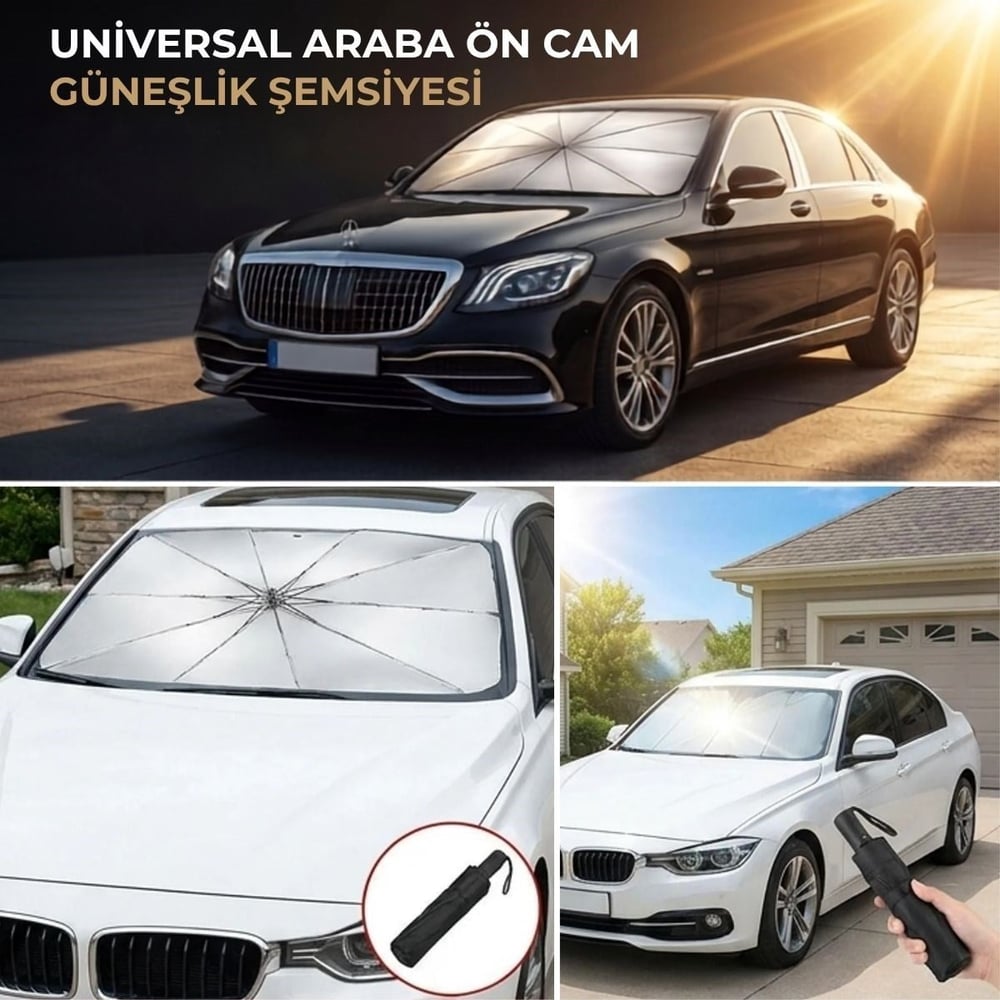 BUFFER® Premium Katlanabilir Araç Ön Cam Güneşliği – Şemsiye Tipi Oto Güneşlik, UV Korumalı Isı Yalıtımlı Ön Cam Gölgelik