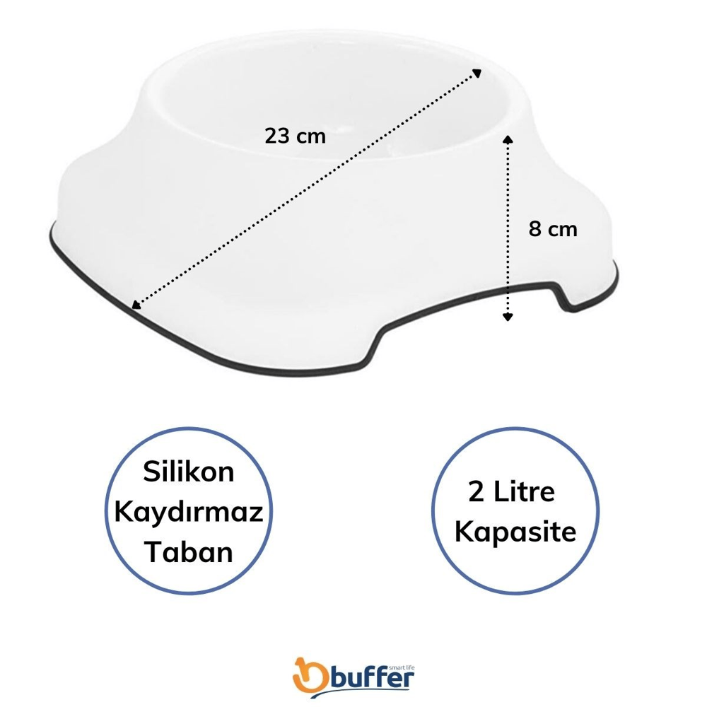 BUFFER® Silikon Kaydırmaz Taban Plastik Kedi ve Köpek Mama ve Su Kabı 2 L