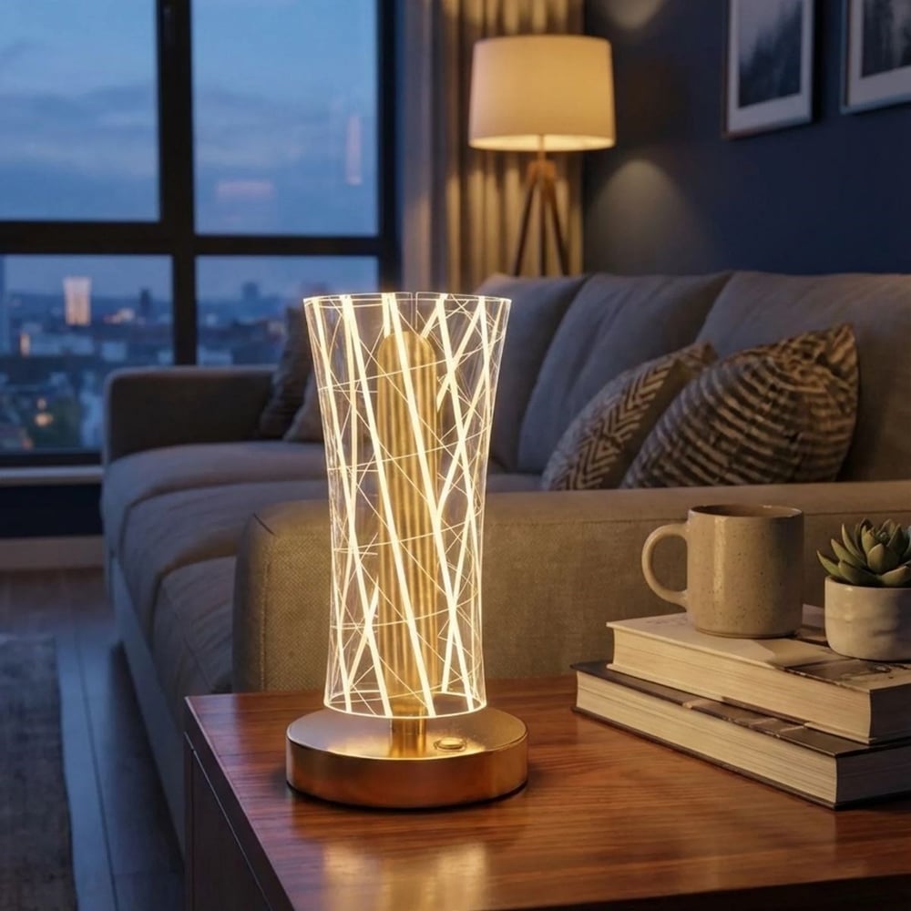 BUFFER® Silindirik Kristal Çizgi Model LED Masa Lambası – Gold Tabanlı, Dokunmatik, 3 Renk Işık Modlu, Şarjlı Modern Dekoratif Gece Lambası