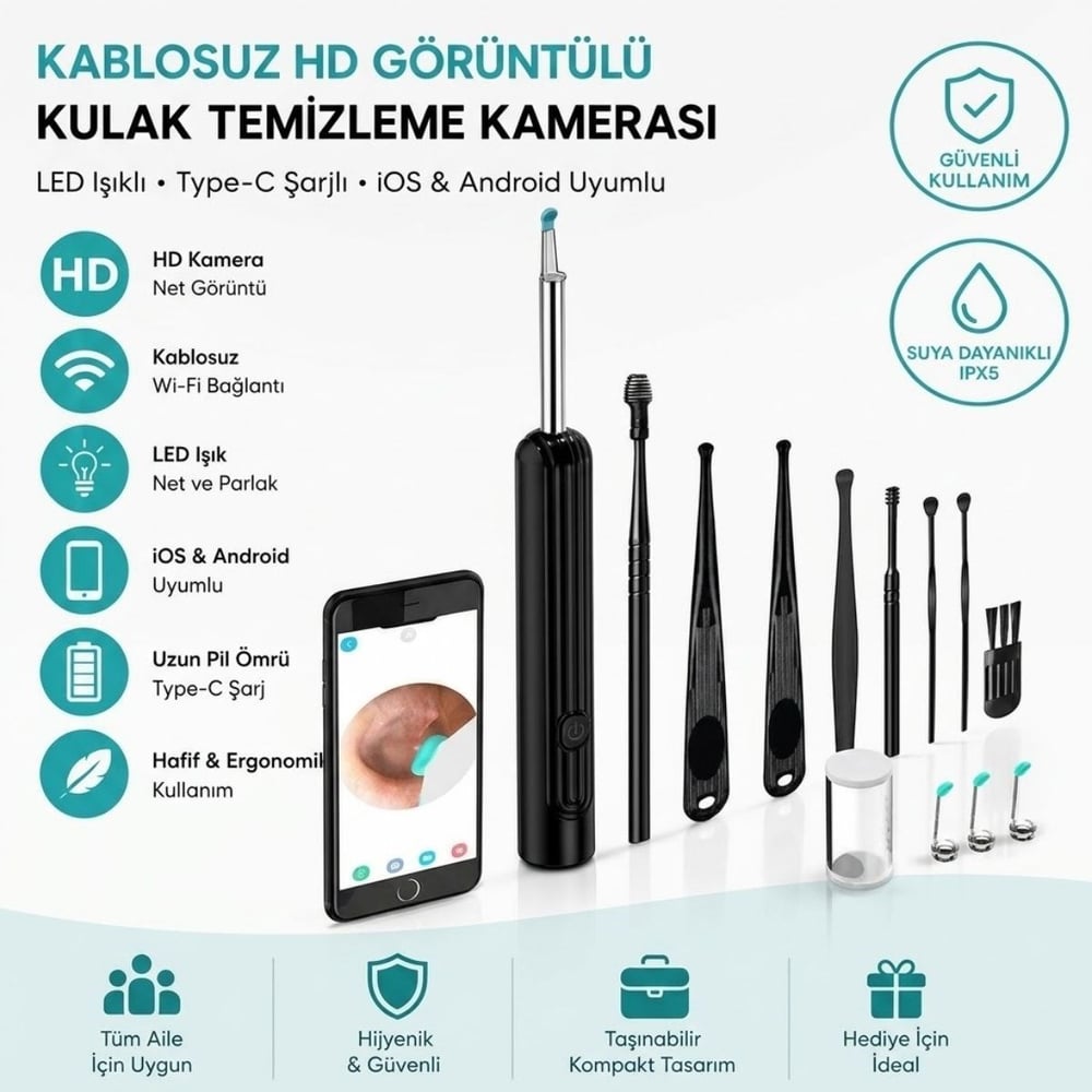 BUFFER® Siyah Kablosuz HD Görüntülü Kulak Temizleme Kamerası, LED Işıklı Type-C Şarjlı iOS ve Android Uyumlu Kulak Temizleme Seti