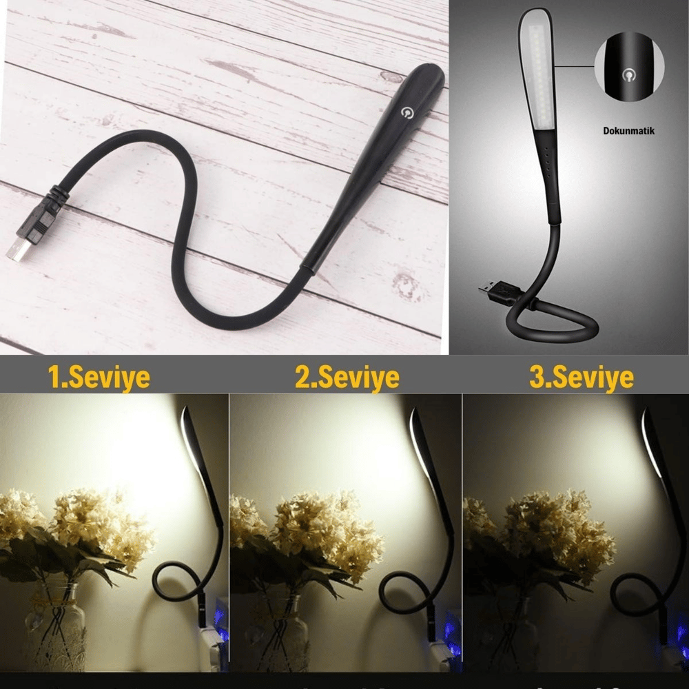 BUFFER® USB Girişli 14 Ledli 3 Kademeli Dokunmatik Masa/Kitap Okuma Lambası Ledi Siyah