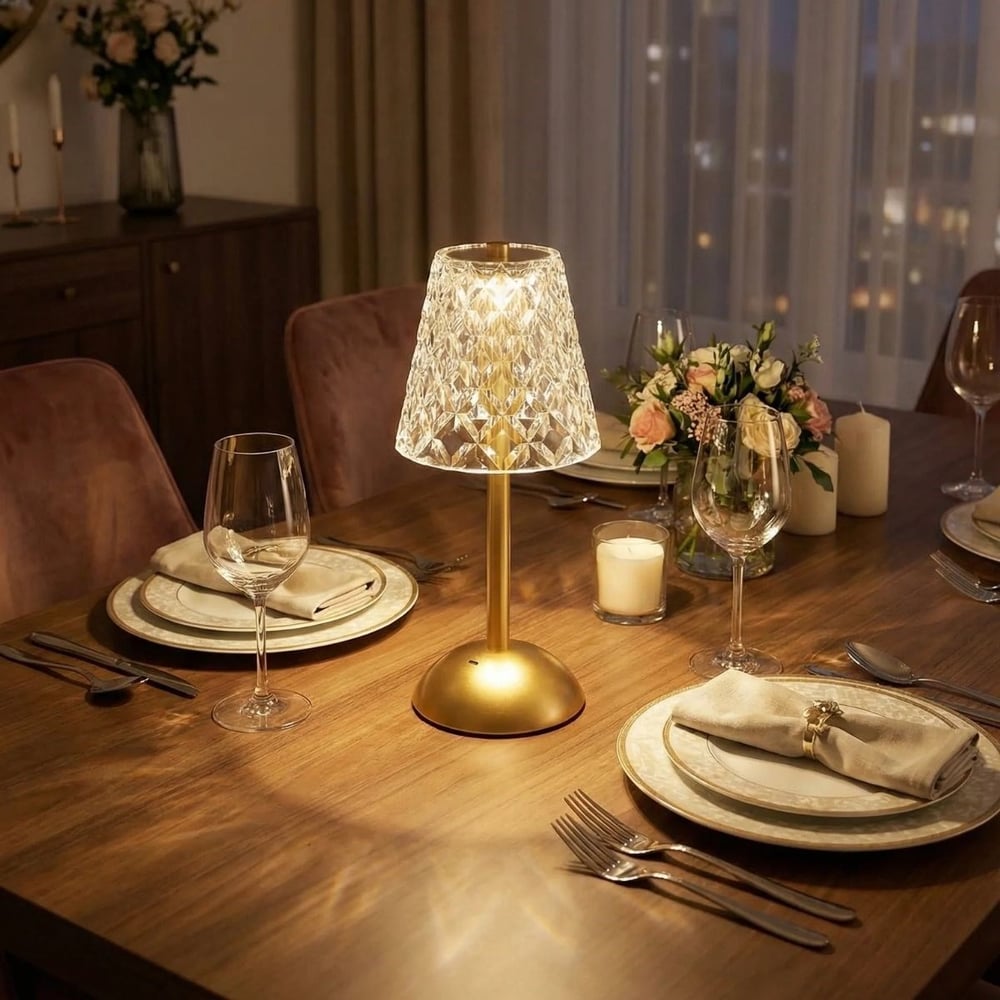 BUFFER® Uzun Klasik Şeffaf Baklava Model LED Masa Lambası – Dokunmatik, 3 Renk Işık Modlu, Şarjlı Dekoratif Gece Lambası