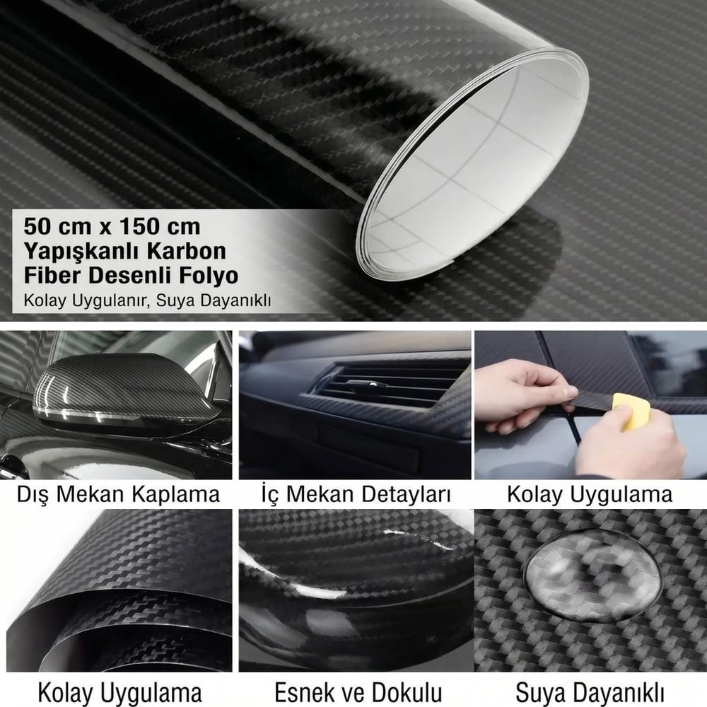 BUFFER® Yapışkanlı Karbon Fiber Folyo 30 Cm x 150 Cm – Araç,Konsol,Torpido,Ayna,Kapı ve Dış Yüzey Kaplama Filmi