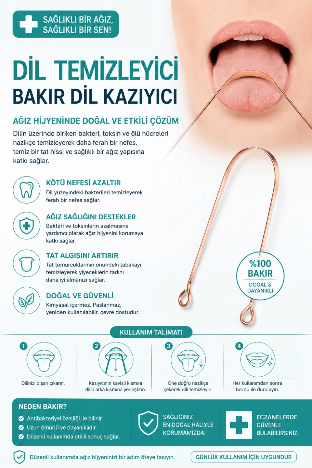Bakır Dil Temizleme Aparatı – Dil Temizleyici – Ağız Bakım Aparatı – Dil Kazıyıcı – Metal Dil Temizleme Ekipmanı
