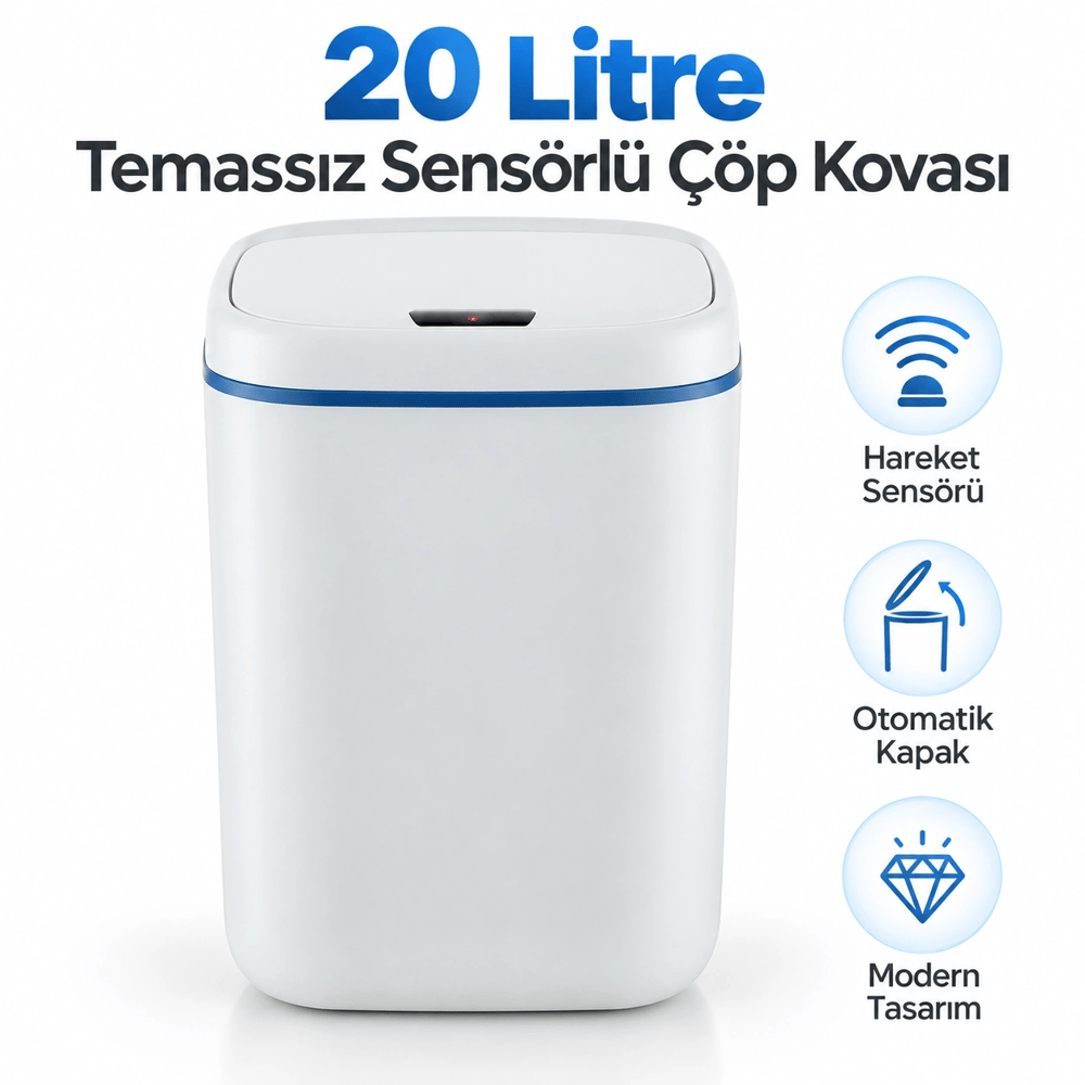 Banyo İçin 20 Litre Temassız Sensörlü Çöp Kovası Beyaz