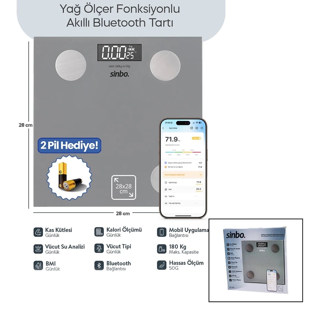 Baskül Gri Yağ Ölçer Akıllı Bluetooth Cam Baskül