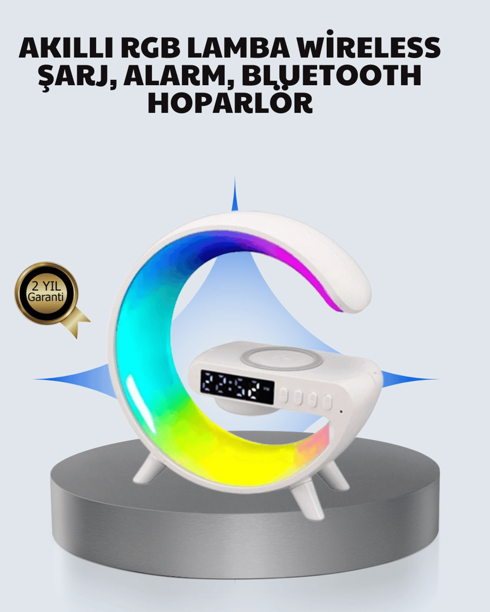 Başucu İçin Tasarlanmış Kablosuz Şarjlı Gece Lambası ve Bluetooth Ses Sistemi
