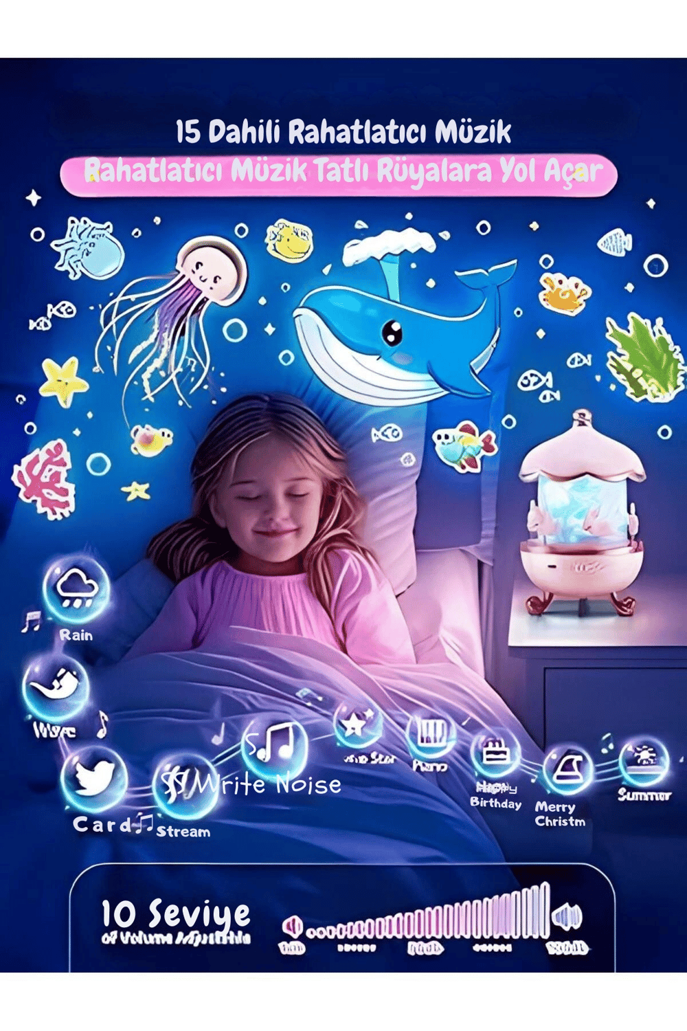 Bej renkli, masa üstü kullanıma uygun, şarj edilebilir ve projektör özellikli gece lambası.