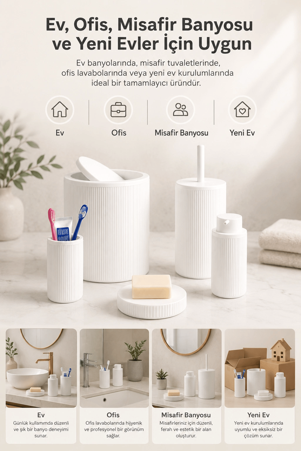 Beyaz Banyo Düzenleyici Set 5 Parça Çöp Kovası Tuvalet Fırçası Sabunluk Fırçalık