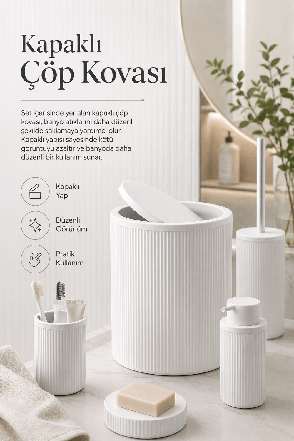 Beyaz Banyo Düzenleyici Set 5 Parça Çöp Kovası Tuvalet Fırçası Sabunluk Fırçalık