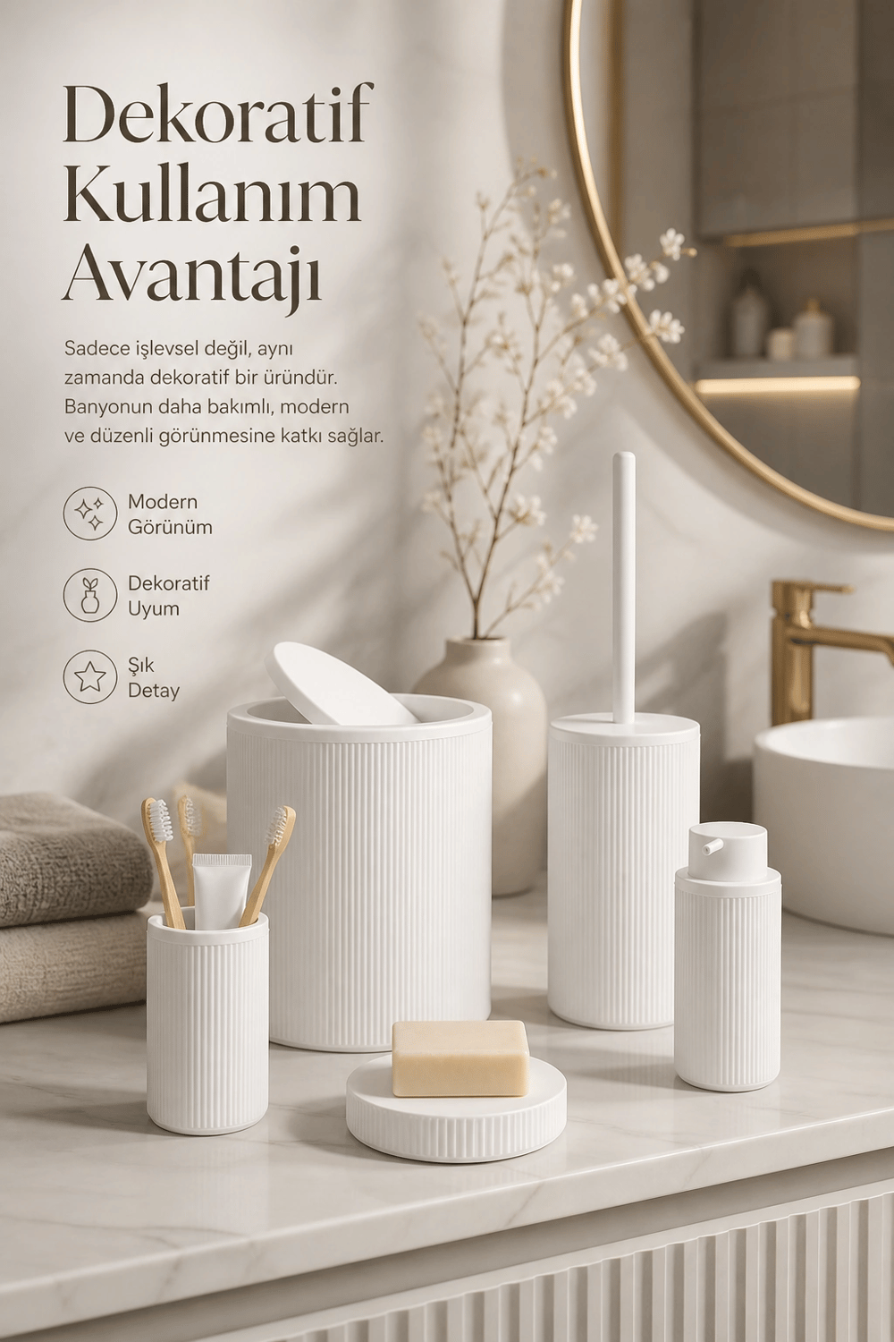 Beyaz Banyo Düzenleyici Set 5 Parça Çöp Kovası Tuvalet Fırçası Sabunluk Fırçalık