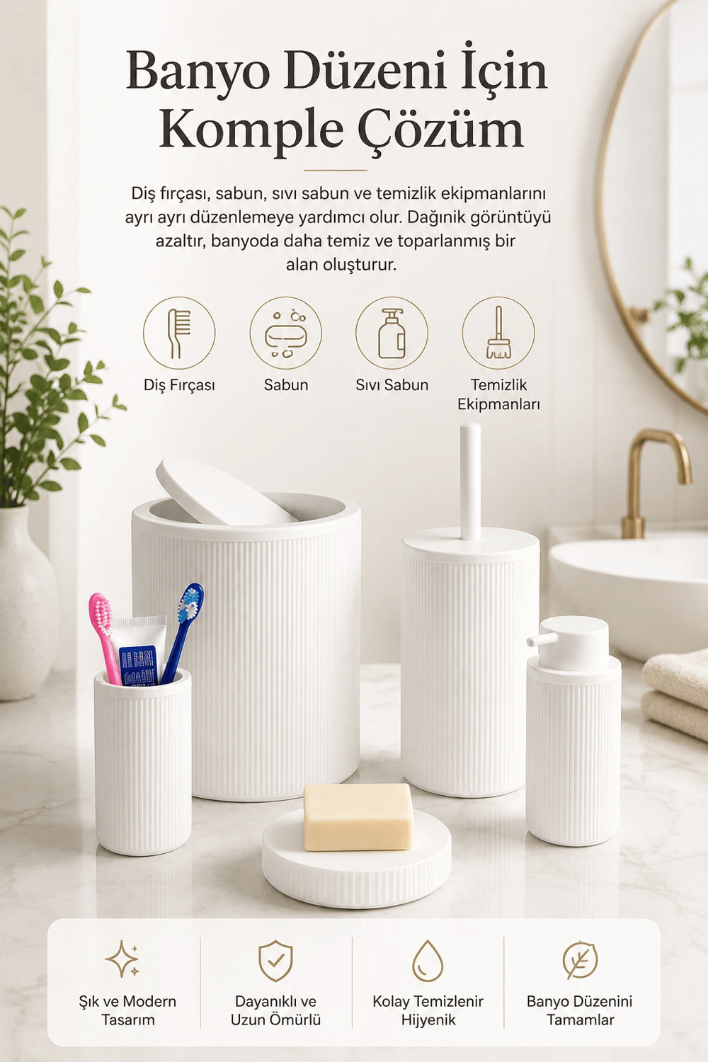 Beyaz Banyo Düzenleyici Set 5 Parça Çöp Kovası Tuvalet Fırçası Sabunluk Fırçalık