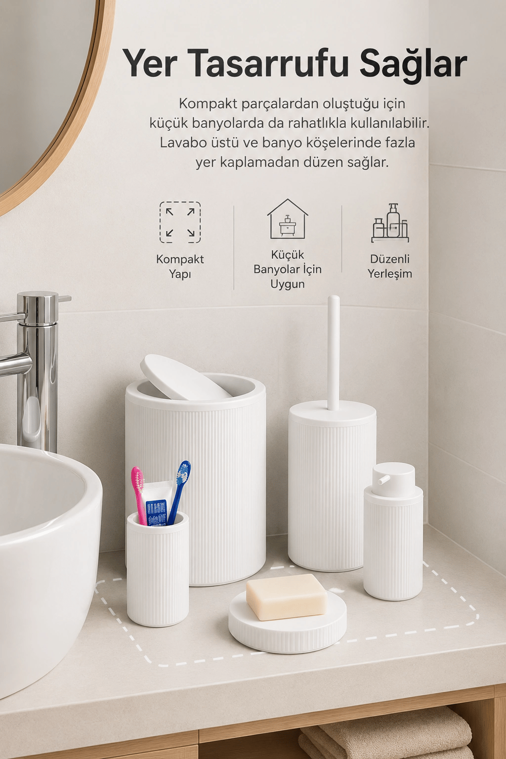 Beyaz Banyo Düzenleyici Set 5 Parça Çöp Kovası Tuvalet Fırçası Sabunluk Fırçalık