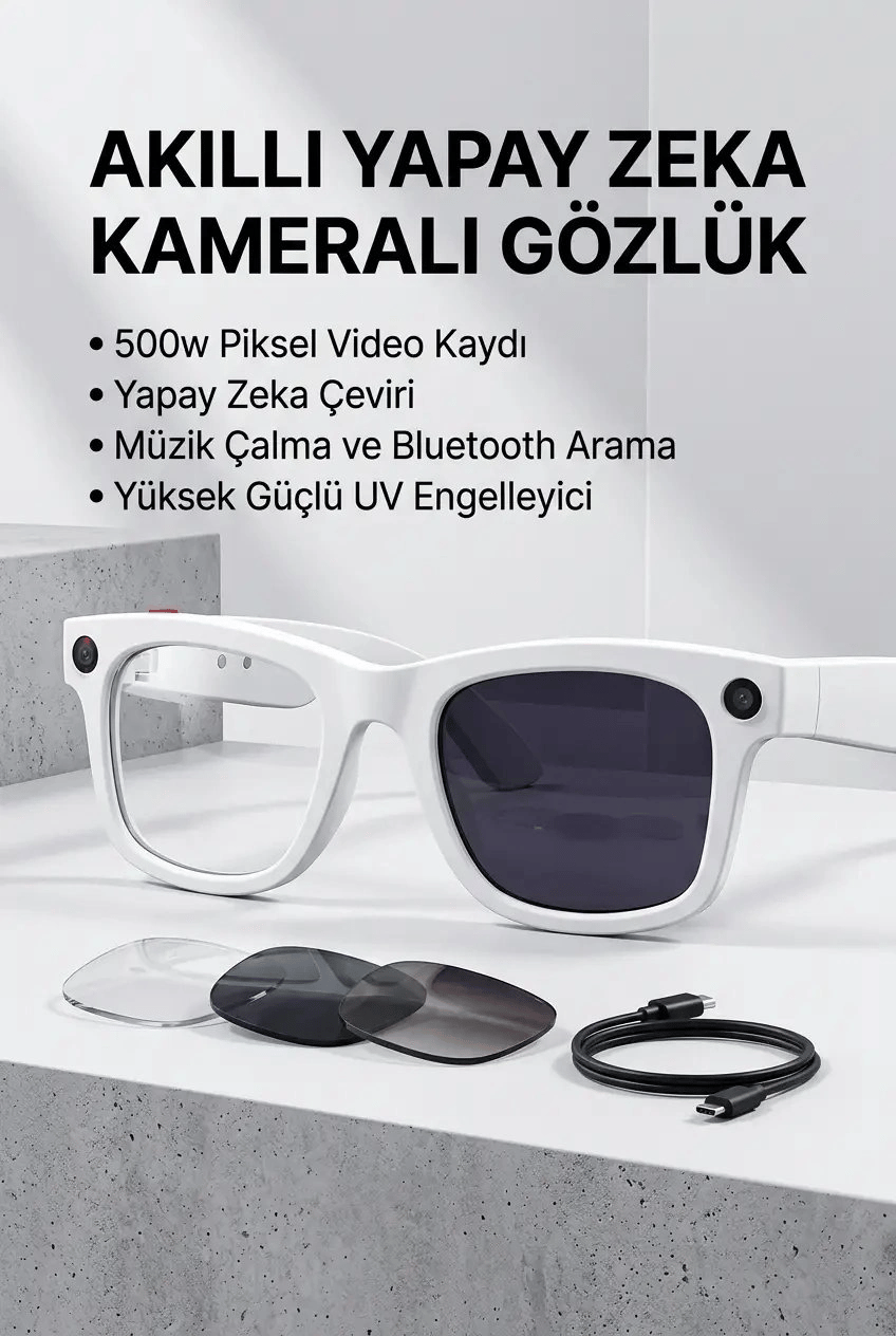 Beyaz Bluetooth Akıllı Gözlük Müzik Görüşme Kamera ve Mikrofon Özellikli