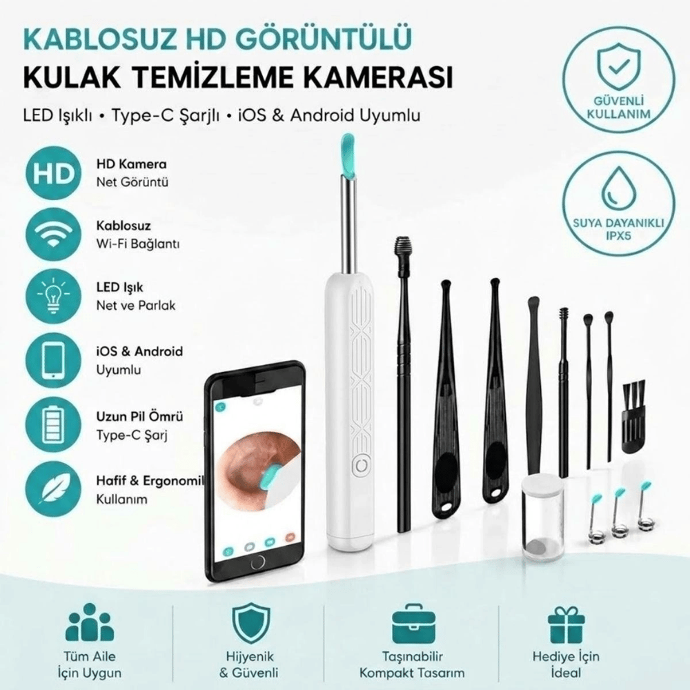 Beyaz Kablosuz Hd Görüntülü Kulak Temizleme Kamerası, Led Işıklı Type-c Şarjlı İos Ve Android Uyumlu Kulak Temizleme Seti Bx40