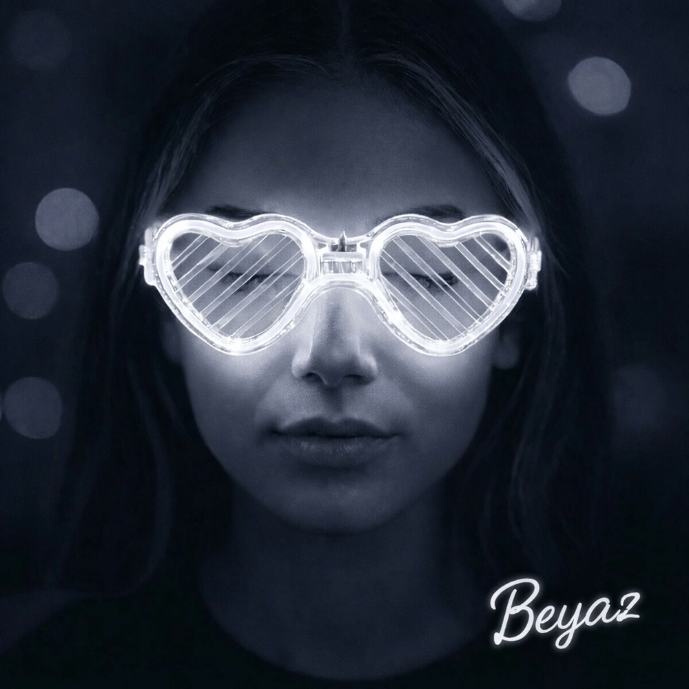 Beyaz Led Işıklı Kalp Gözlük – 3 Modlu Parti  Glow Gözlüğü