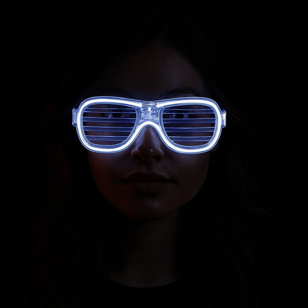 Beyaz Led Işıklı Parti Gözlüğü - Neon Glow Şerit Gözlük 3 Modlu