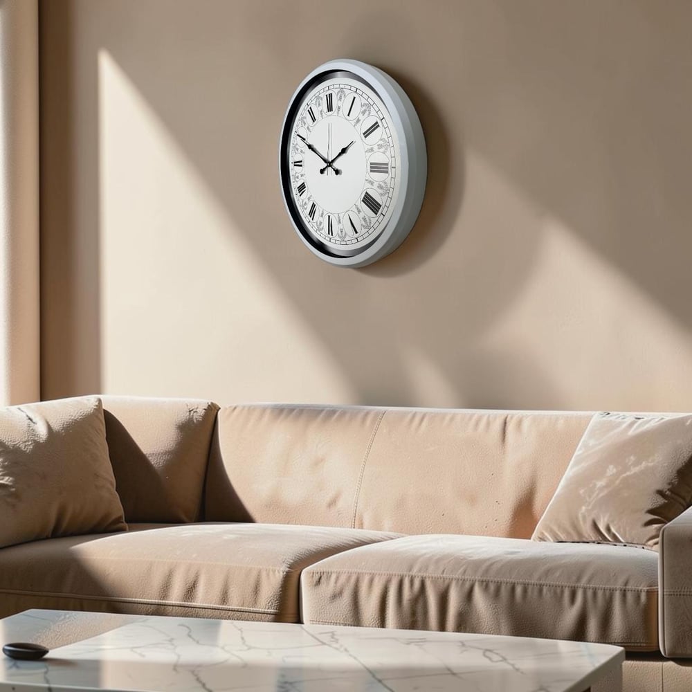 Beyaz Motifli Tasarım 52 Cm Metal Duvar Saati