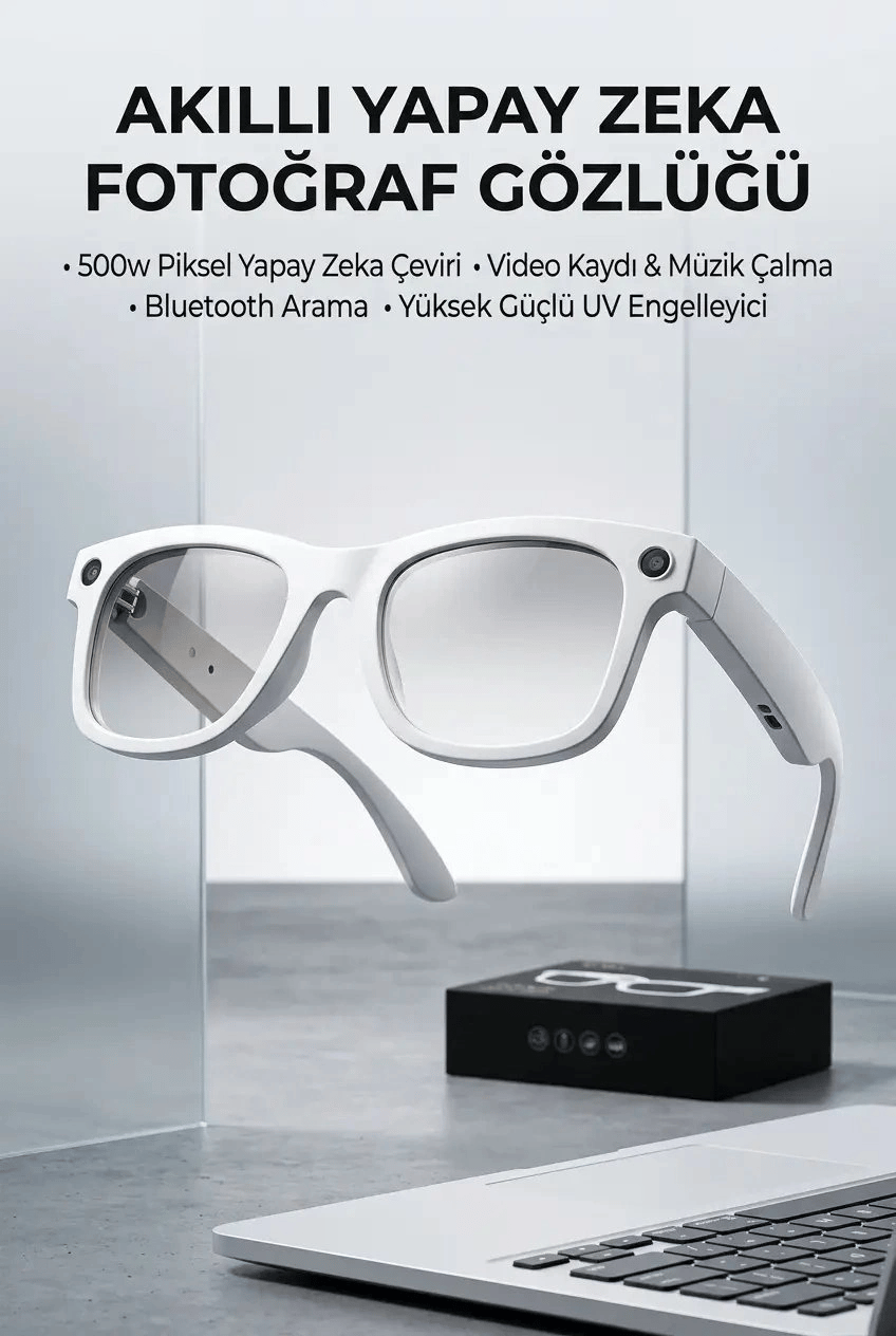 Beyaz Renk Akıllı Gözlük Kameralı Bluetooth Günlük Kullanım Premium Görünüm