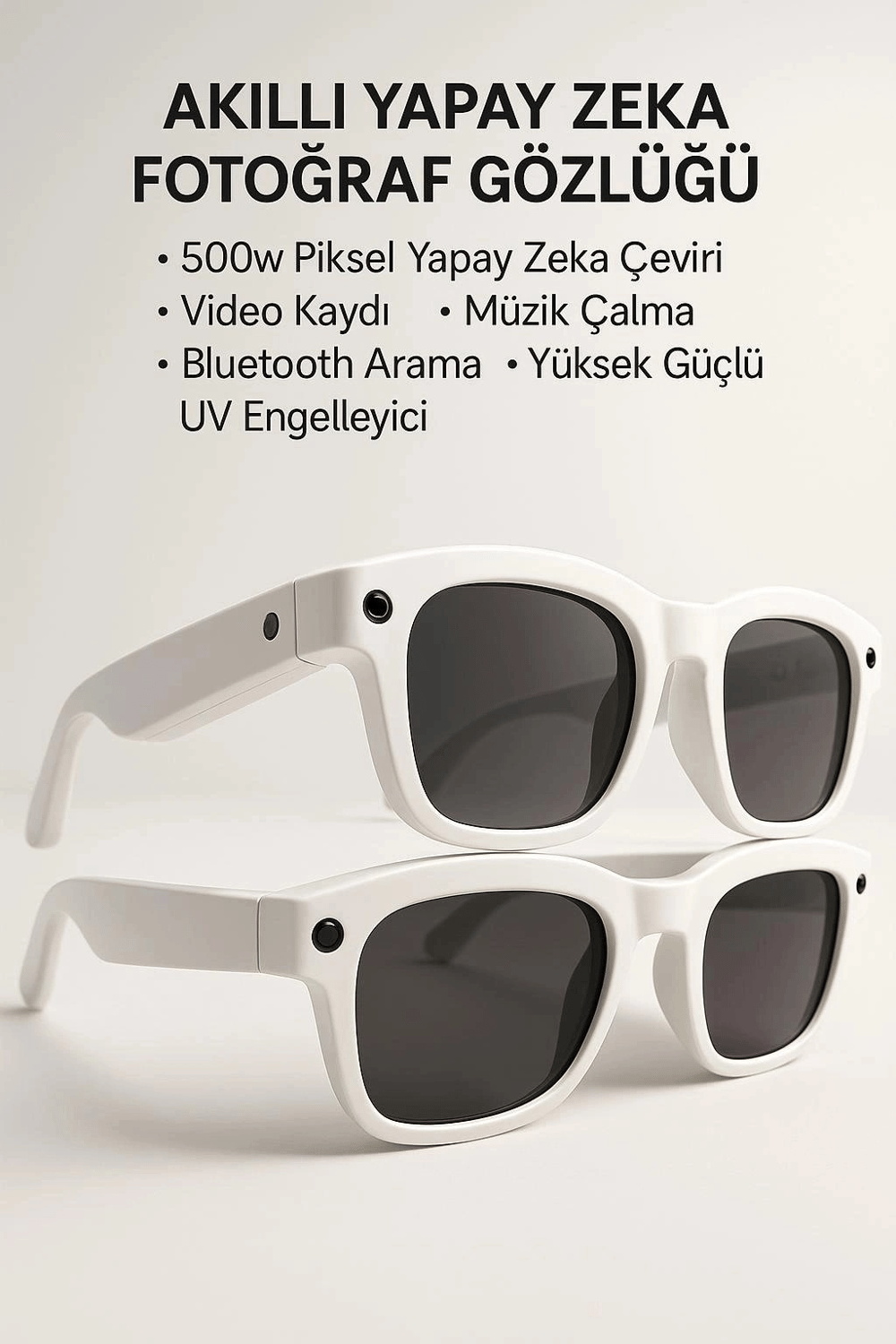 Beyaz Yapay Zeka Akıllı Gözlük Çeviri Sesli Asistan Kamera Bağlantılı Premium