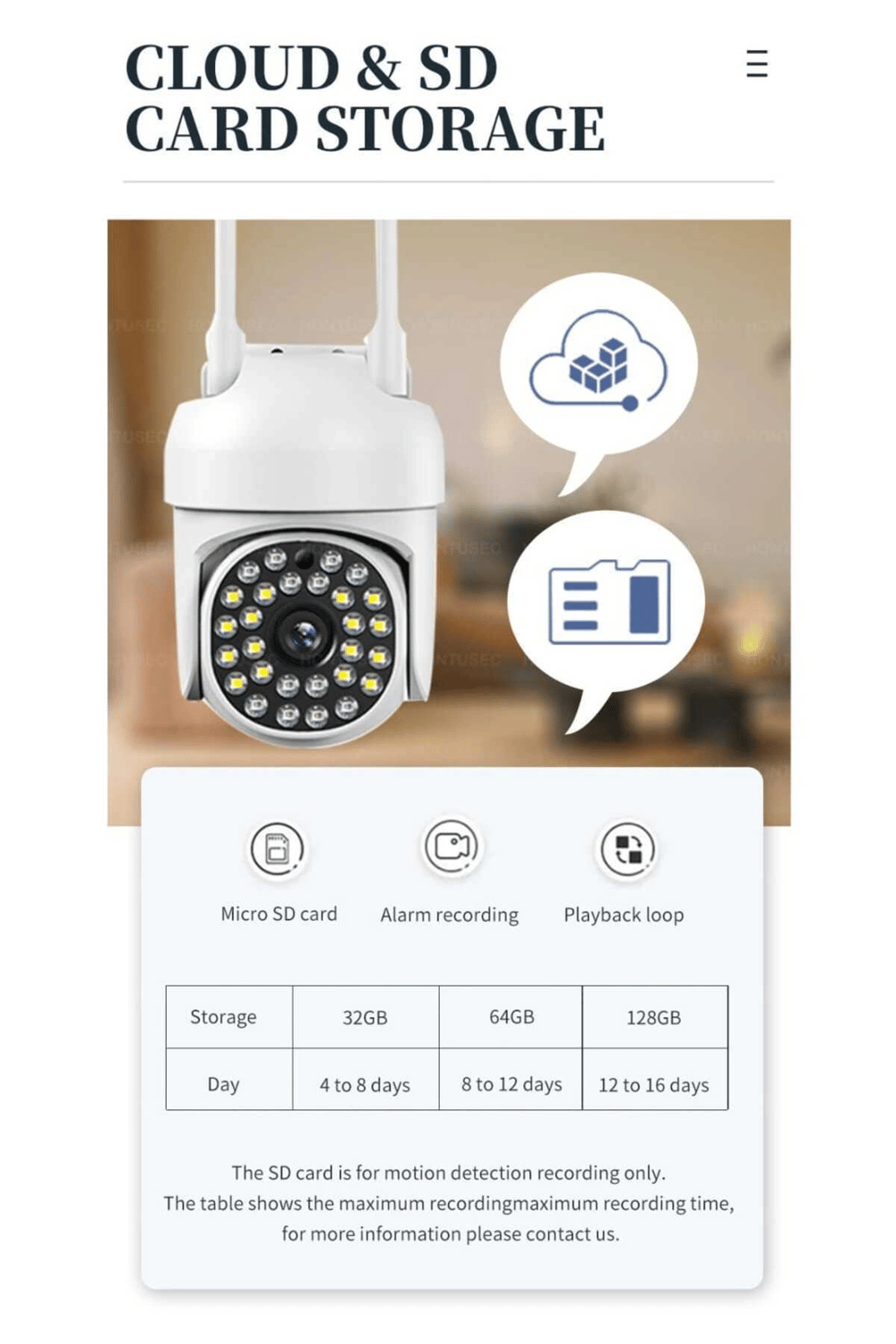 Beyaz wifi kontrollü 1080p HD 2MP 360 derece video kamera SD kart girişli çift LED MP4