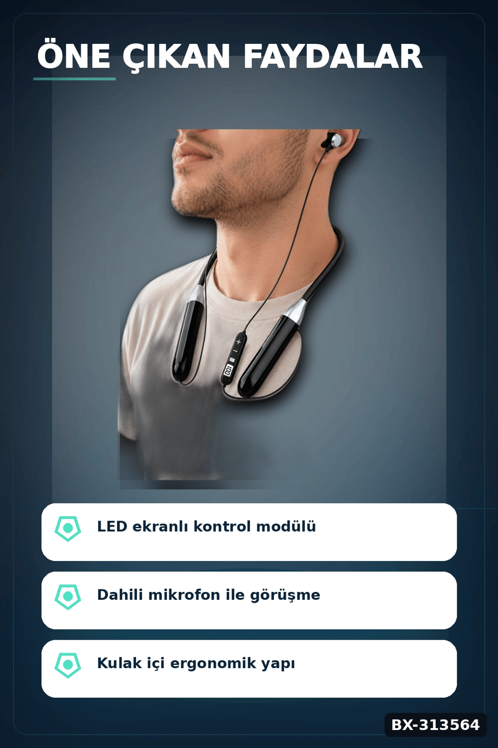 Bluetooth 4.0 Boyun Kulakligi Mikrofonlu Ses Kontrollu 400 Saat Bekleme Suresi 10m Menzil BX-313564