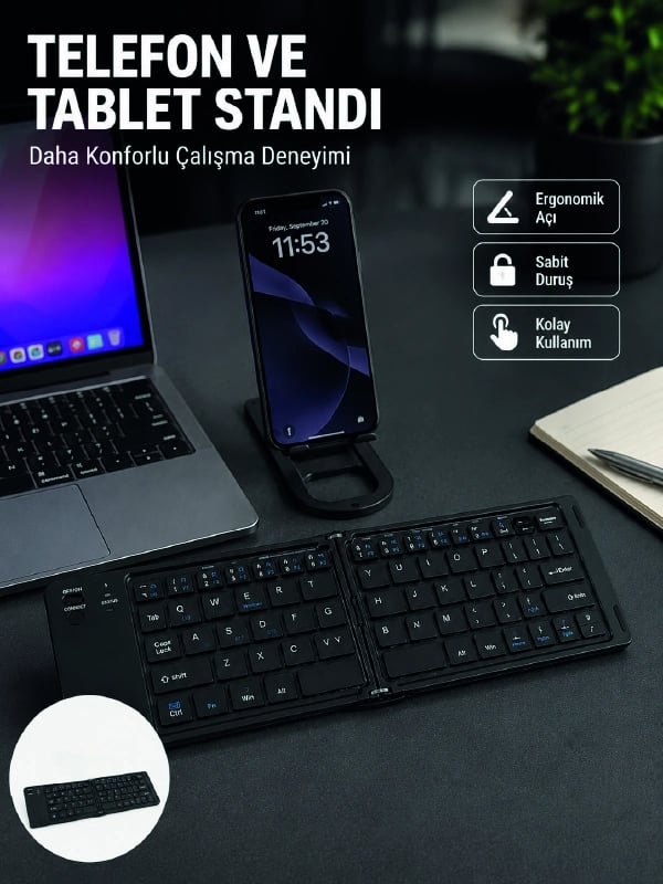 Bluetooth Katlanabilir Klavye USB-C Şarjlı 3 Cihaz Bağlantılı Taşınabilir Klavye