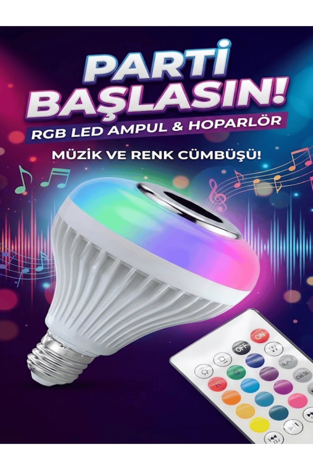 Bluetooth RGB LED Hoparlörlü Akıllı Ampul - Renkli Müzikli Lamba ve Kumanda