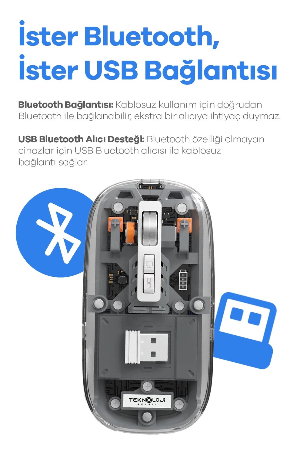 Bluetooth USB Çift Modlu Sessiz Mouse, Şeffaf Mıknatıslı Kapaklı, Type-C Şarjlı, DPI Ayarlı, Kablosuz 10m Çekim Mesafeli, Masaüstü Kısayol Tuşlu, Taşınabilir Şarjlı Mouse Turuncu