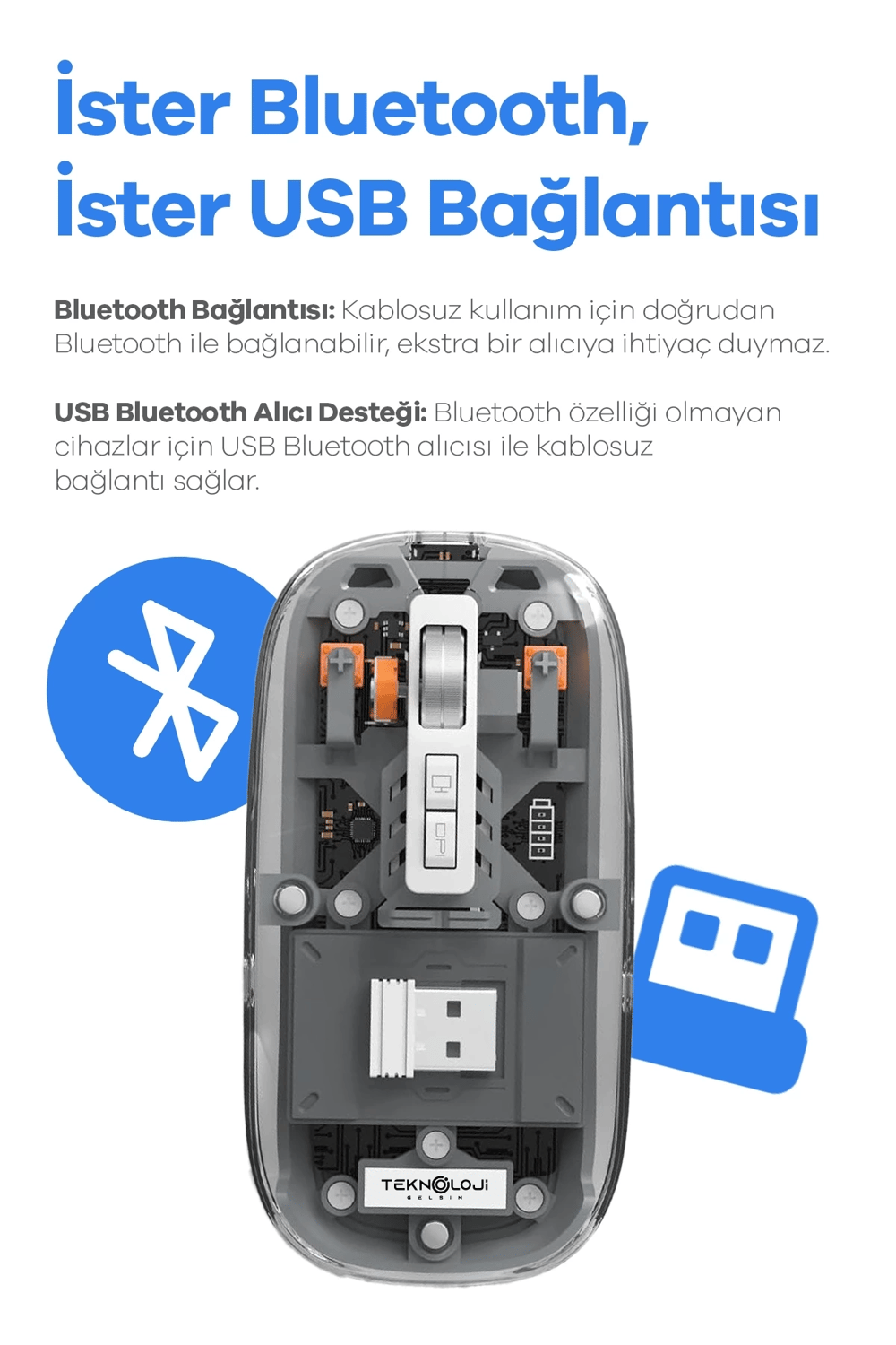 Bluetooth USB Çift Modlu Sessiz Mouse, Şeffaf Mıknatıslı Kapaklı, Type-C Şarjlı, DPI Ayarlı, Kablosuz 10m Çekim Mesafeli, Masaüstü Kısayol Tuşlu, Taşınabilir Şarjlı Mouse Turuncu