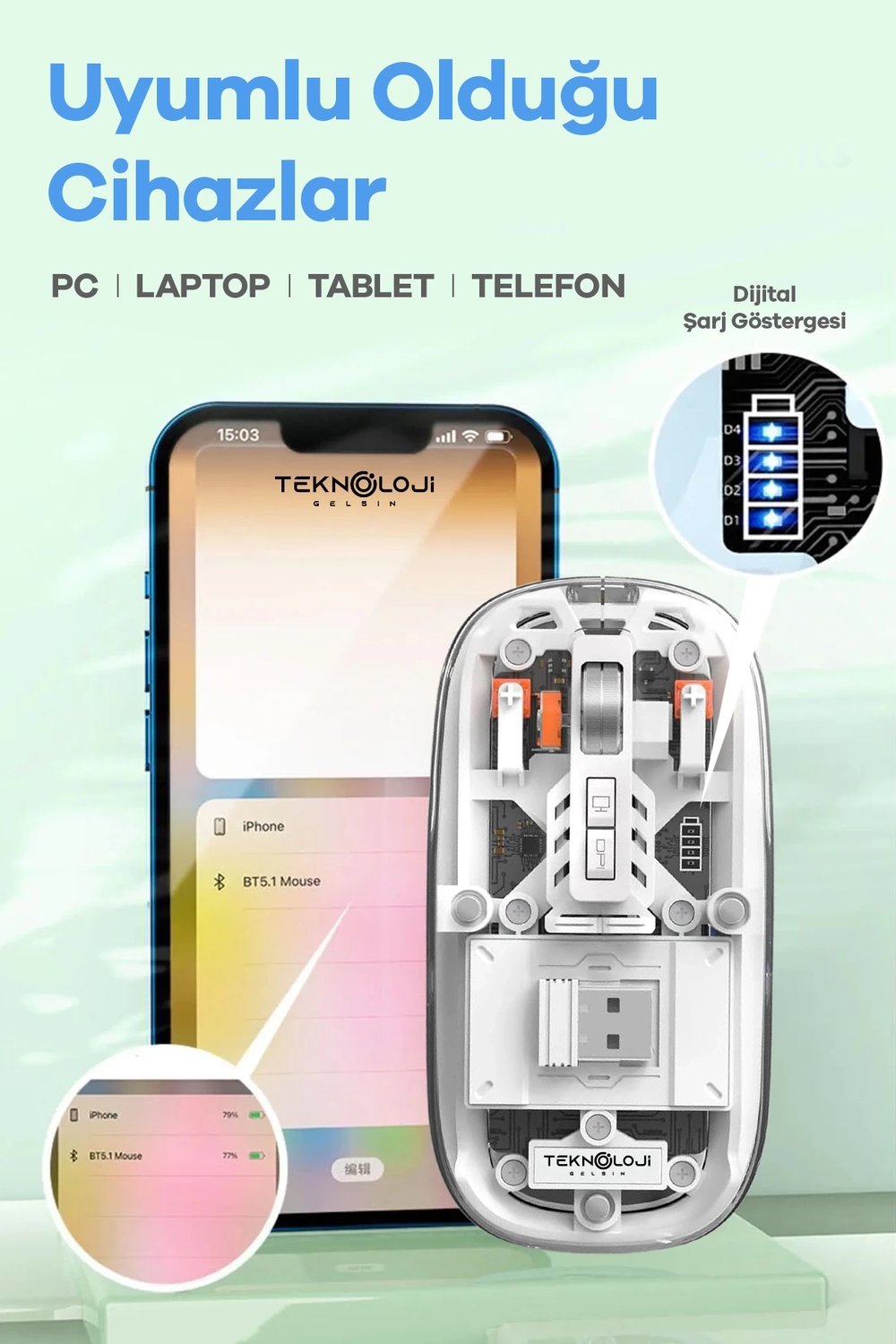 Bluetooth USB Çift Modlu Sessiz Mouse, Şeffaf Mıknatıslı Kapaklı, Type-C Şarjlı, DPI Ayarlı, Kablosuz 10m Çekim Mesafeli, Masaüstü Kısayol Tuşlu, Taşınabilir Şarjlı Mouse Turuncu