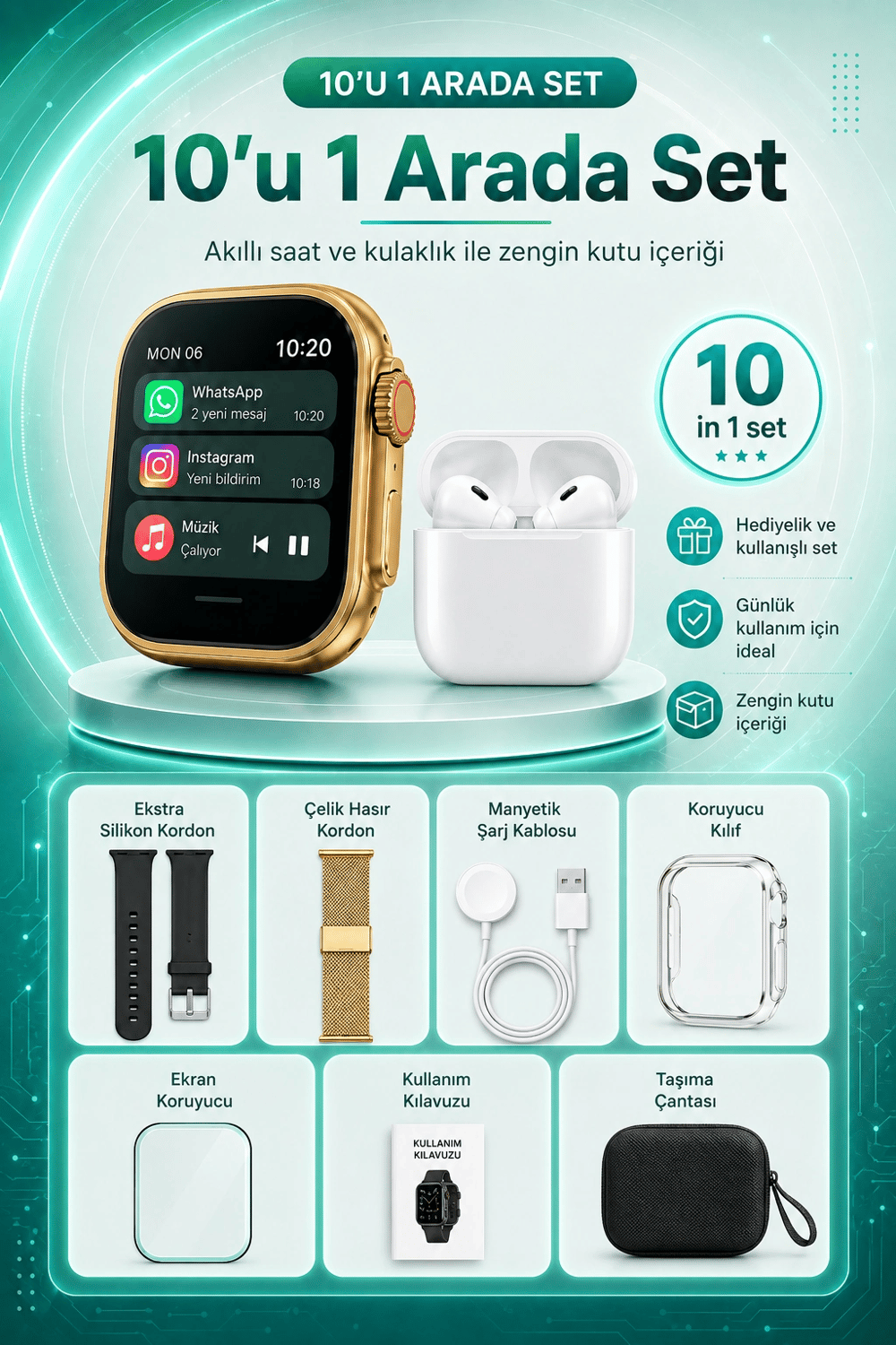 Bluetooth Uyumlu Akıllı Saat Ve Kablosuz Kulaklık Günlük Kullanıma Uygun Set