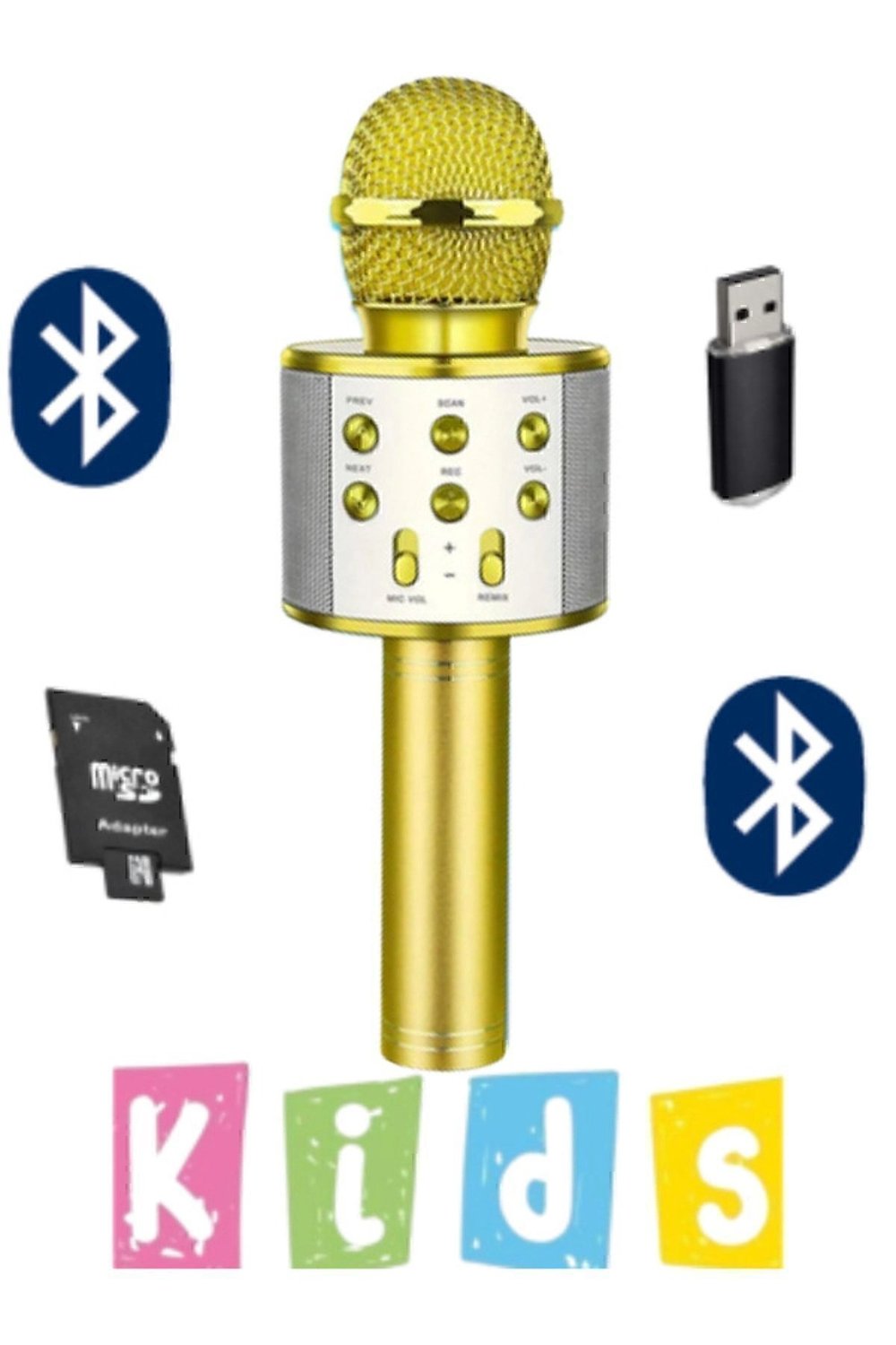 Bluetooth bağlantılı altın renkli dahili hoparlörlü ses değiştirme özellikli çocuk mikrofonu