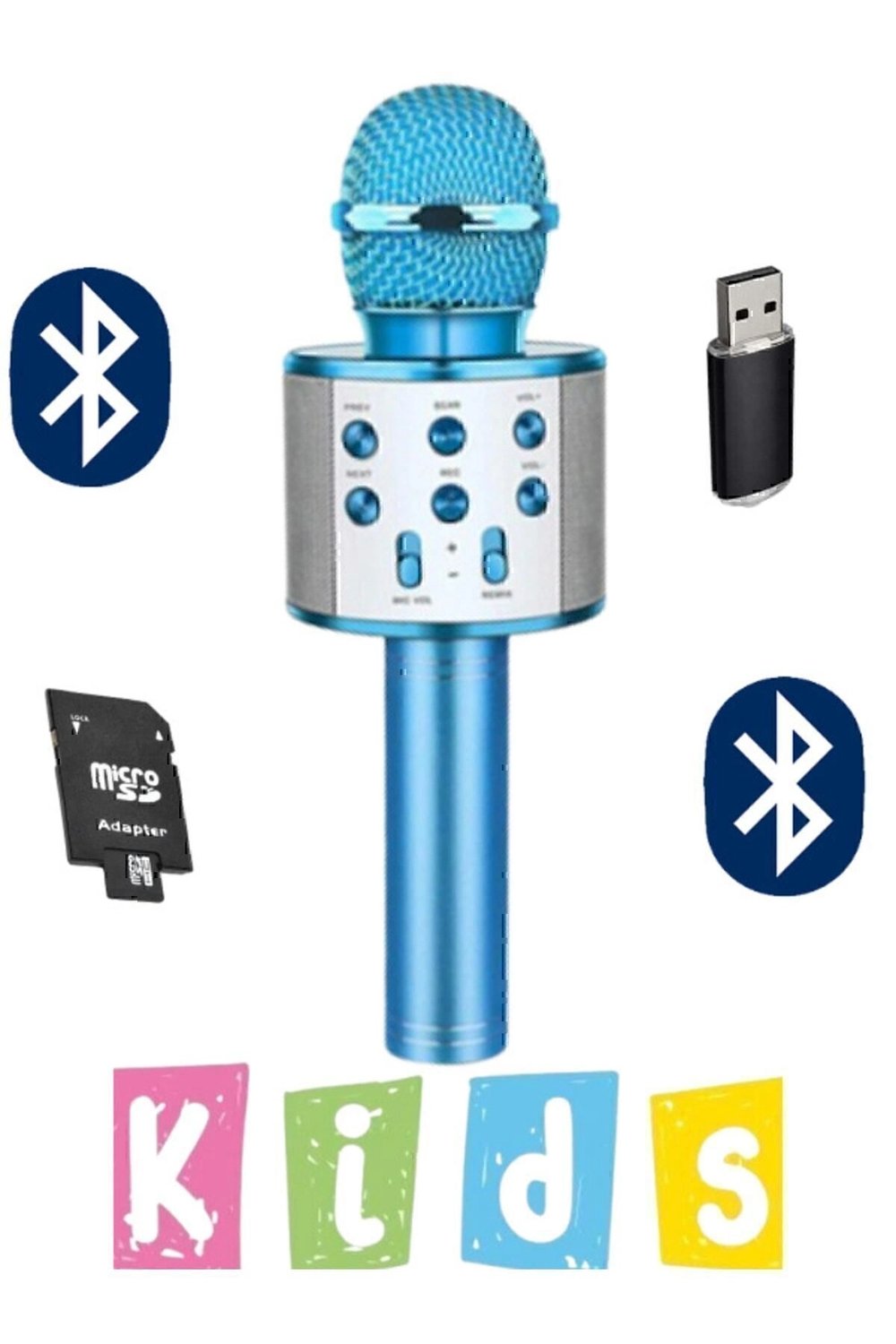 Bluetooth bağlantılı mavi çocuk mikrofonu dahili hoparlör usb tf kart destekli ses efektli