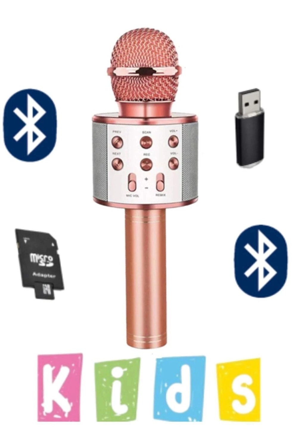 Bluetooth bağlantılı pembe karaoke mikrofon dahili hoparlör usb tf kart destekli çocuk