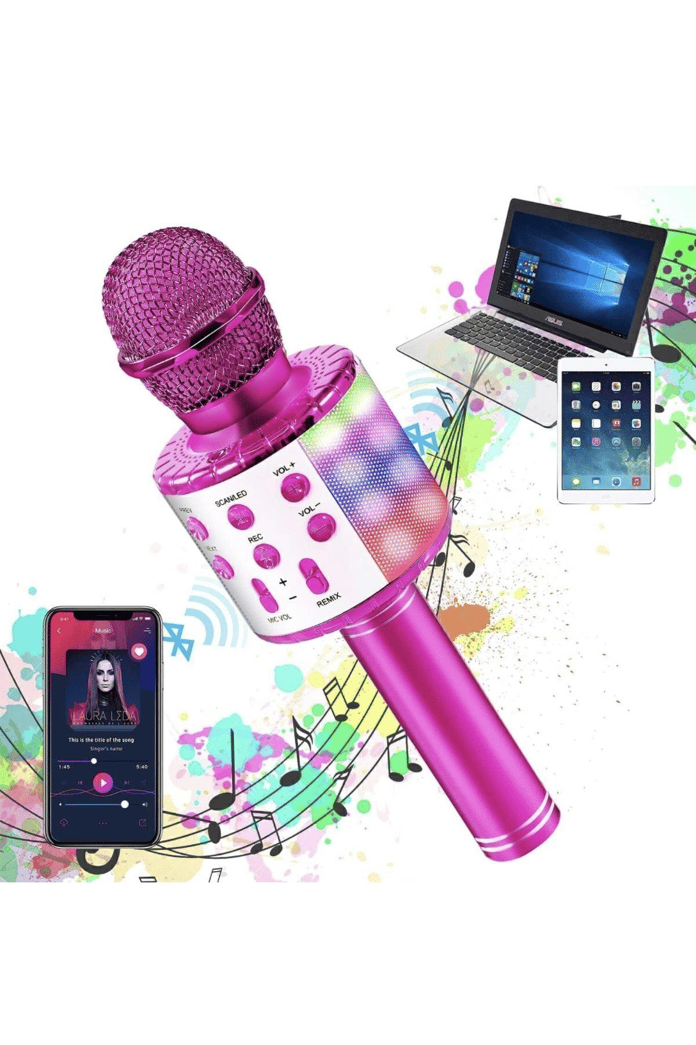 Bluetooth bağlantılı pembe karaoke mikrofonu, hoparlör özellikli, garantisiz - Elektronik