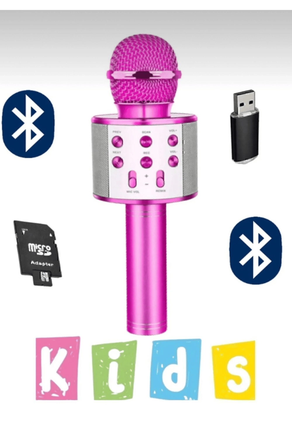 Bluetooth bağlantılı siyah karaoke mikrofon dahili hoparlör usb tf kart destekli çocuk