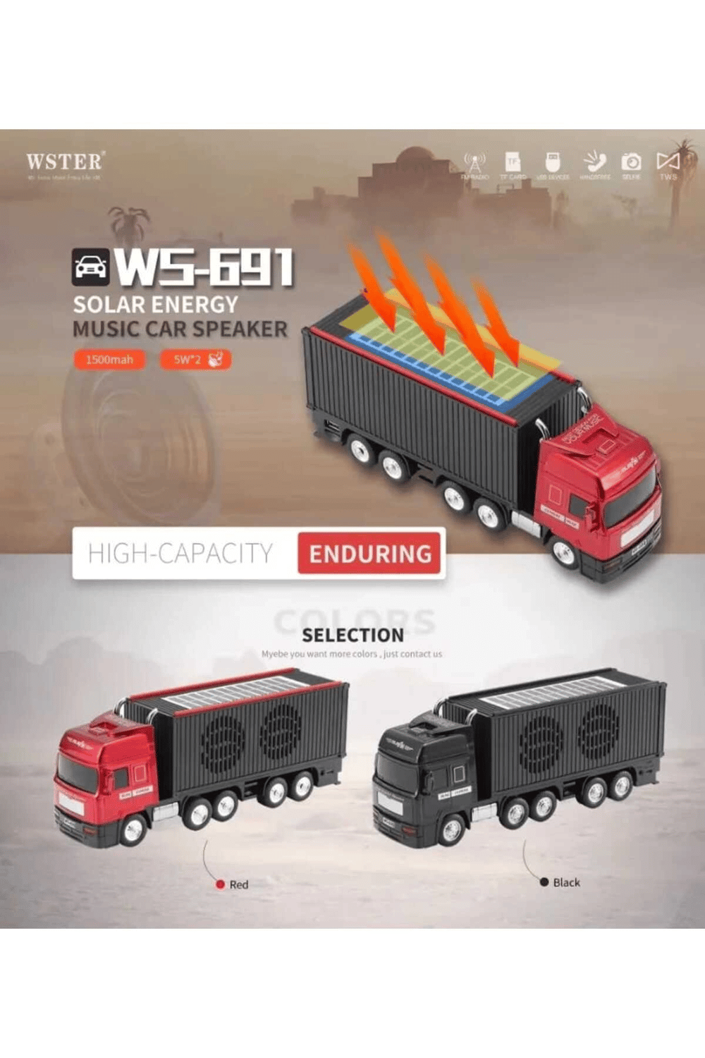 Bluetooth hoparlör kırmızı renk güneş enerjili kamyon tır araba tasarım 10 watt TWS FM radyo