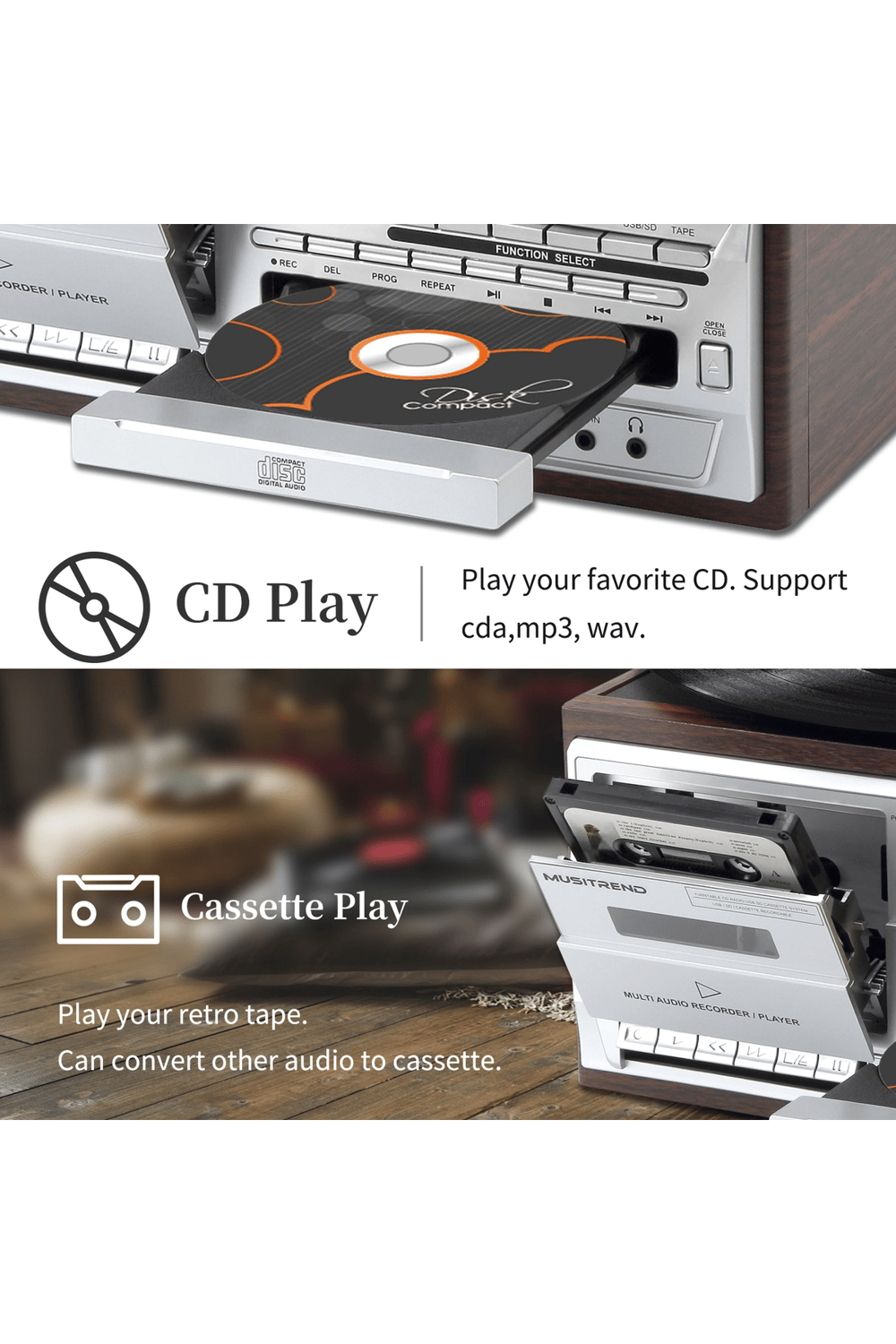 Bluetooth kumandalı CD, kaset, USB, radyo ve 33-45-78 devir plak çalabilen pikap kahverengi
