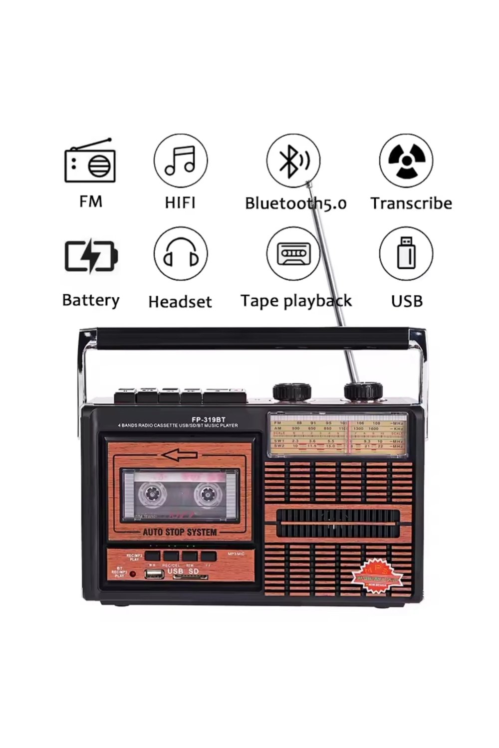 Bluetooth özellikli nostaljik radyo USB kart FM radyo kaset çalar bordo 2 yıl garantili