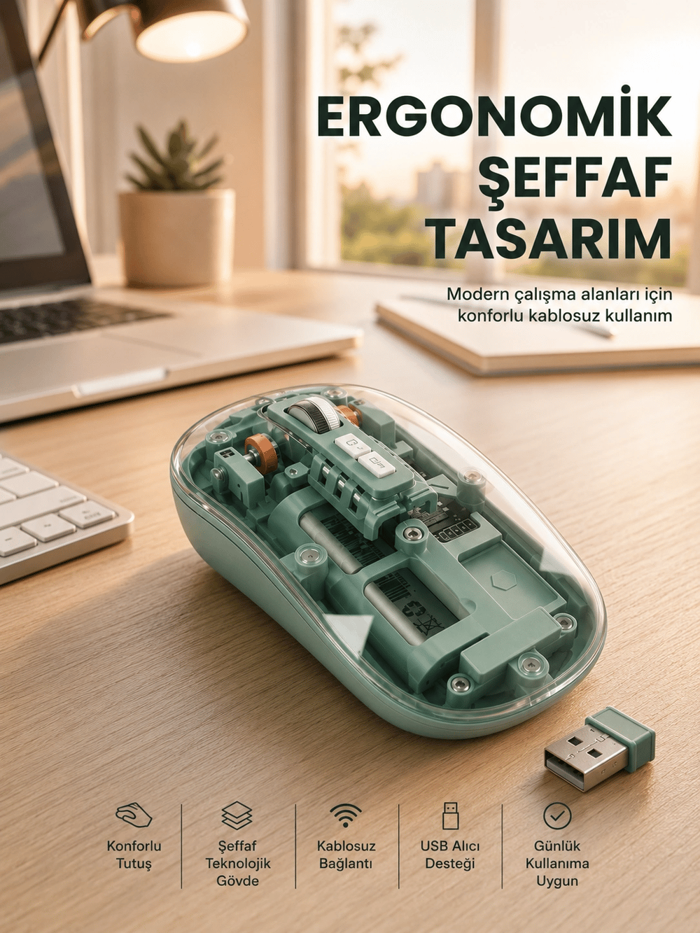 Bluetooth ve 2.4G USB Destekli Pilli Kablosuz Şeffaf Mouse Yeni Nesil