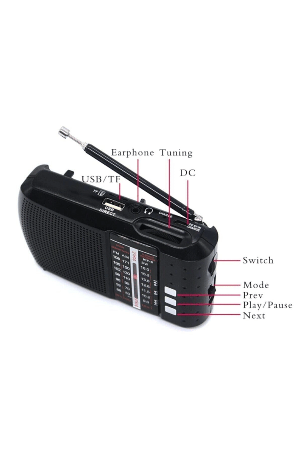 Bluetoothlu şarjlı cep radyosu FM radyo USB TF kart girişli çok renkli 2 yıl garantili