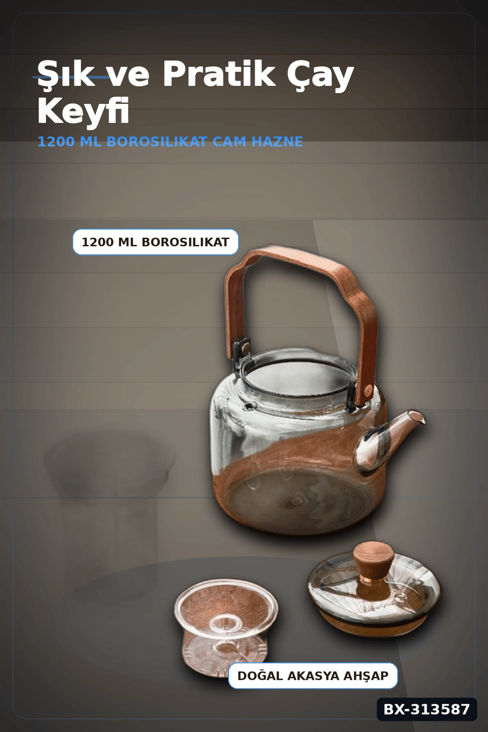 Borosilikat Cam Demlik 1200 Ml Akasya Saplı Süzgeçli Bulaşık Makinesinde Yıkanabilir BX-313587