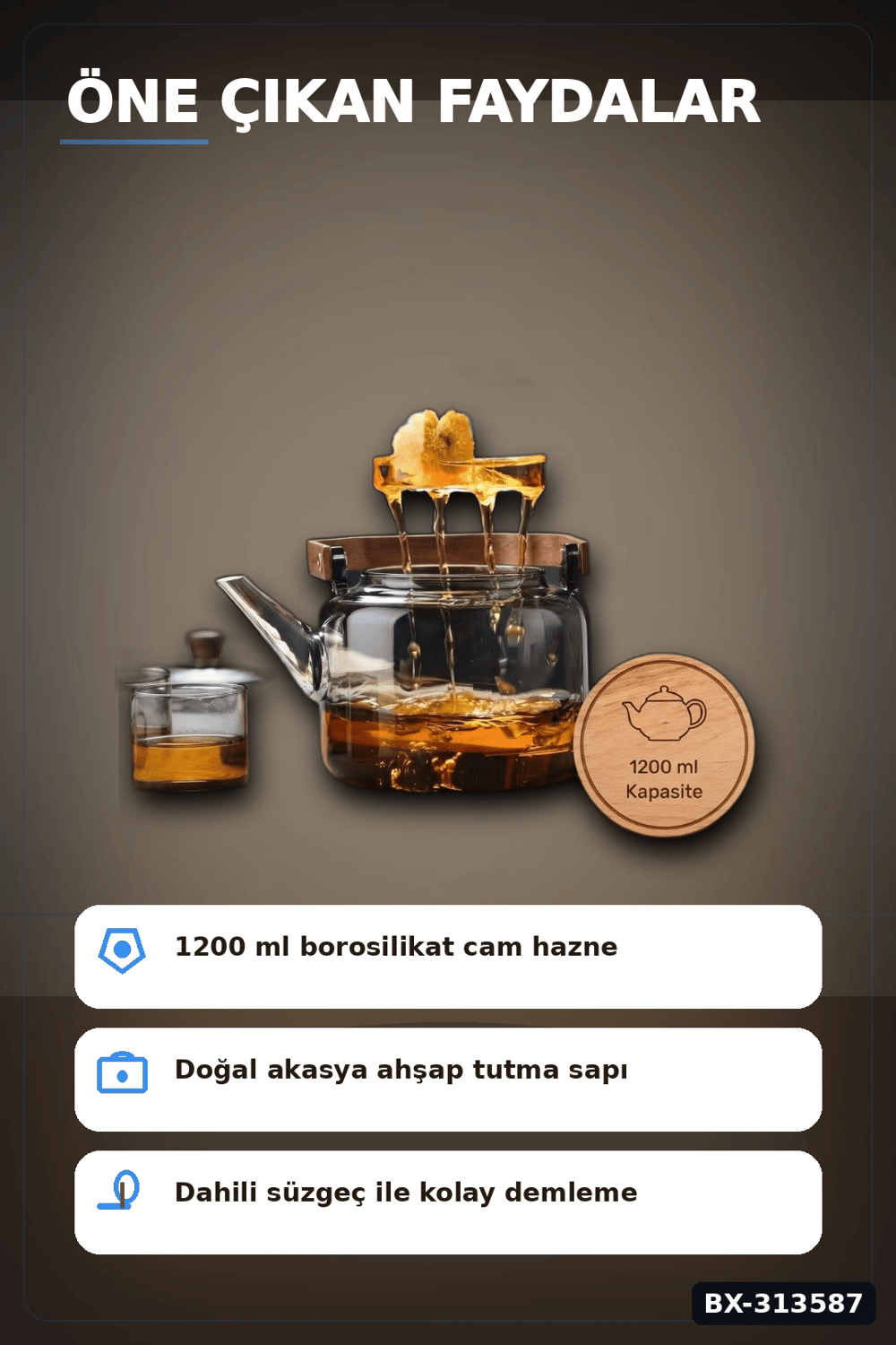 Borosilikat Cam Demlik 1200 Ml Akasya Saplı Süzgeçli Bulaşık Makinesinde Yıkanabilir BX-313587