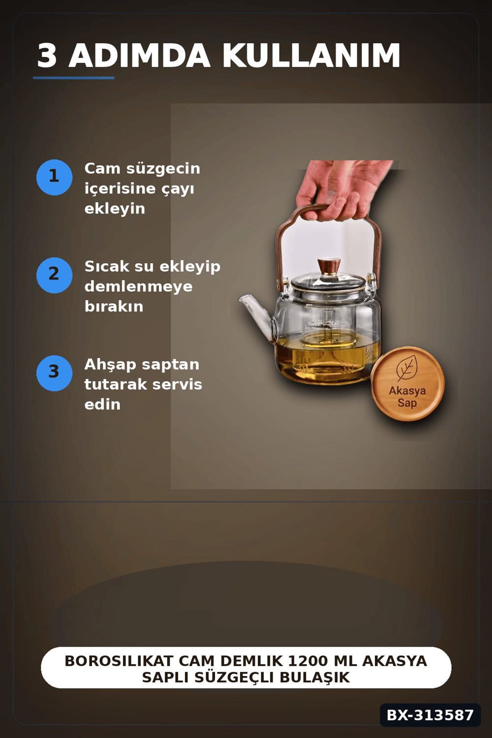 Borosilikat Cam Demlik 1200 Ml Akasya Saplı Süzgeçli Bulaşık Makinesinde Yıkanabilir BX-313587