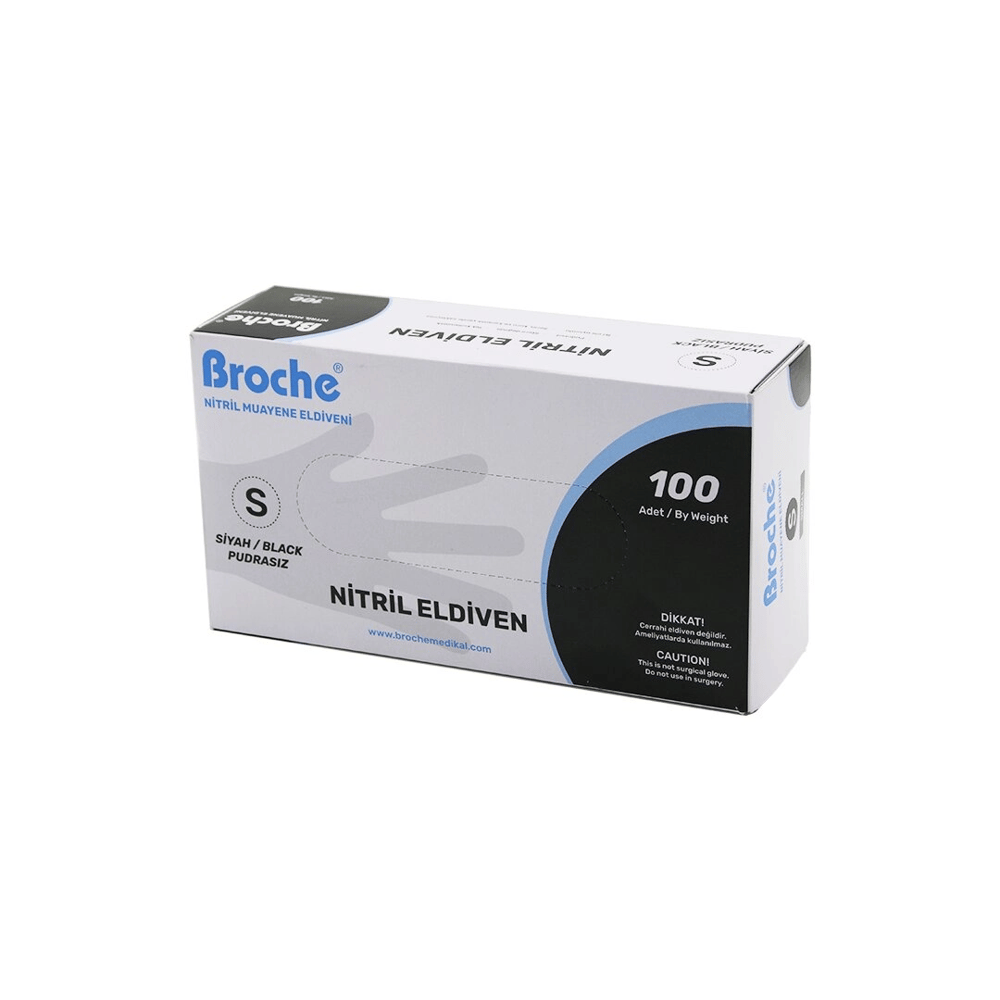 Broch  S Beden Siyah Pudrasız Nitril Muayene Eldiveni  100lü Bx40