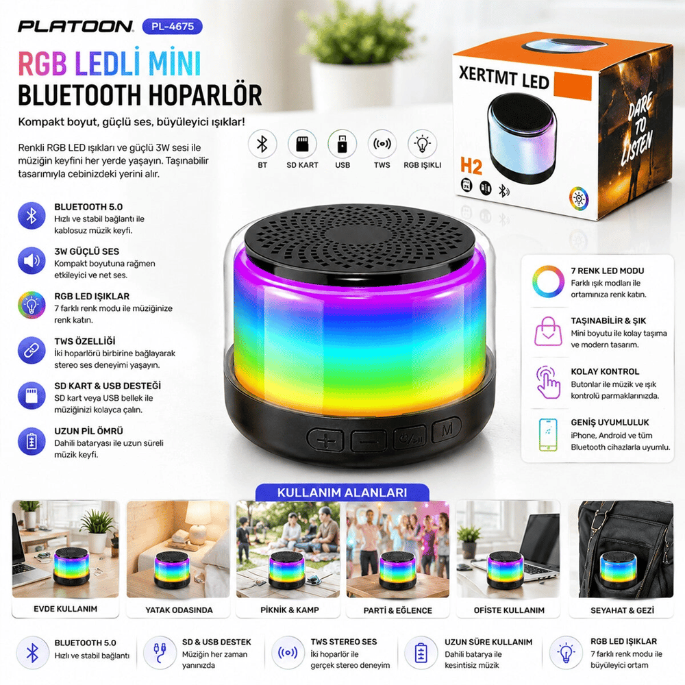 Bt - Sd - Usb Şarjlı Rgb Işıklı Bluetooth Wireless Speaker Hoparlör 3w Pl-4675 Bx40