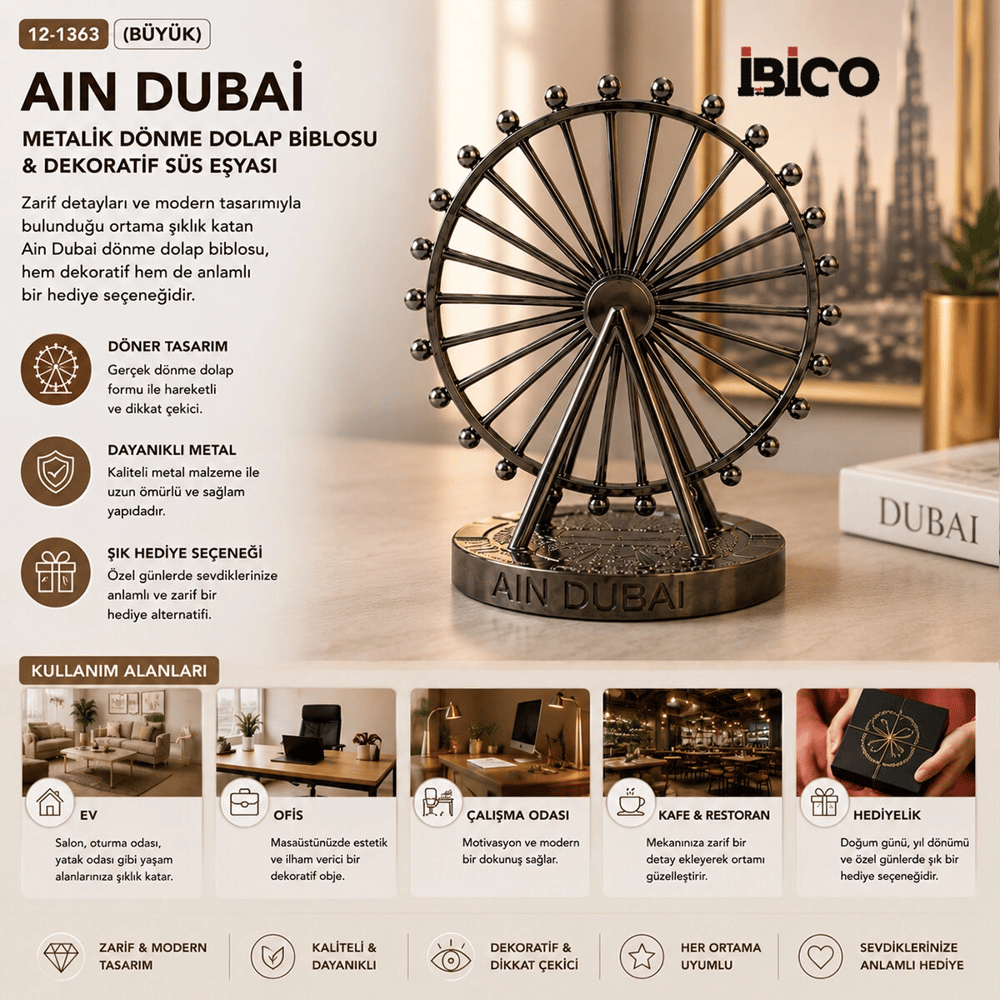 Büyük Aın Dubai Metalik Dönme Dolap Biblosu - Dekoratif Süs Eşyası Krom - Bakır Bx40