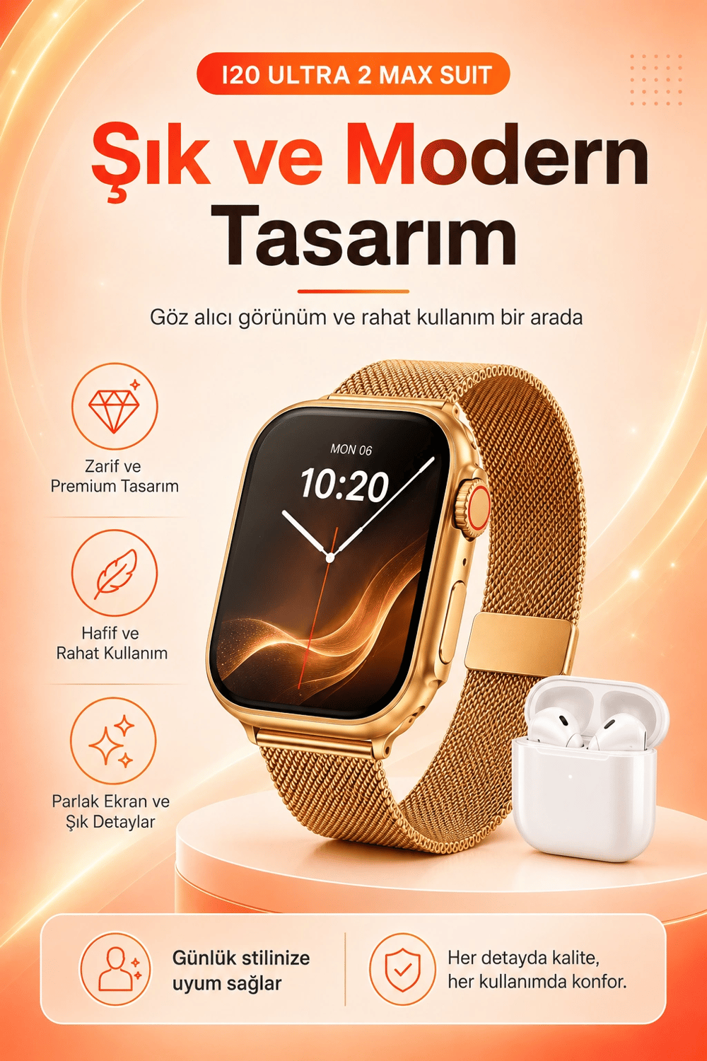 Büyük Ekranlı Akıllı Saat Kablosuz Kulaklık Ve Çoklu Aksesuar İçeren Set
