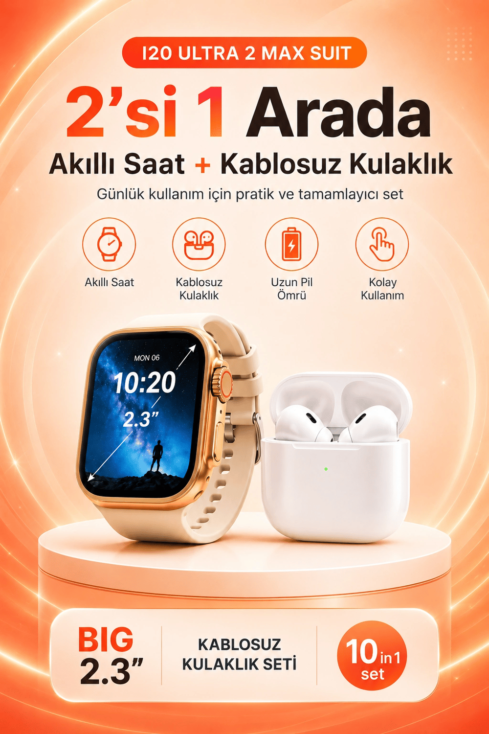 Büyük Ekranlı Akıllı Saat Kablosuz Kulaklık Ve Çoklu Aksesuar İçeren Set